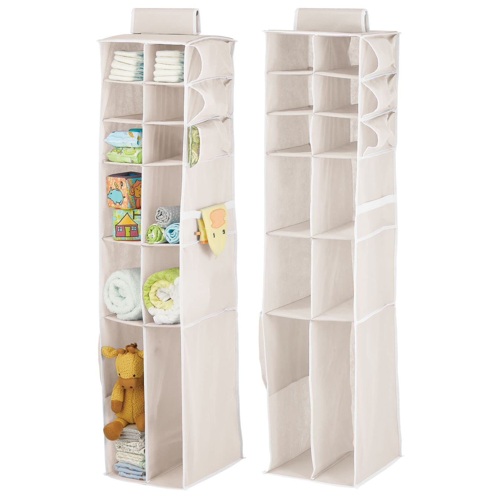 mDesign 12-Shelf Fabric Closet Organizer with Side Pockets - Soft Hanging Storage for Nursery, Kids Room - Perfect for Diapers, Wipes, Lotions & Toys (Cream/White) | Space-Saving Baby & Child Organization Solution