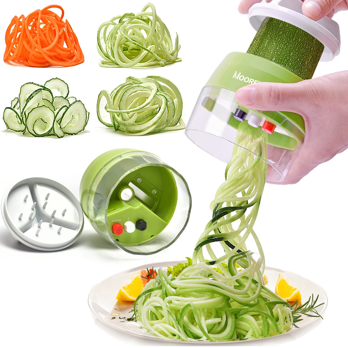 4-in-1 Handheld Spiralizer Vegetable Slicer - Zucchini Spaghetti Maker, Veggie Zoodle Spiral Cutter with 8.45cm Blade for Healthy Low-Carb Meals, Salad Prep & Vegan Cooking