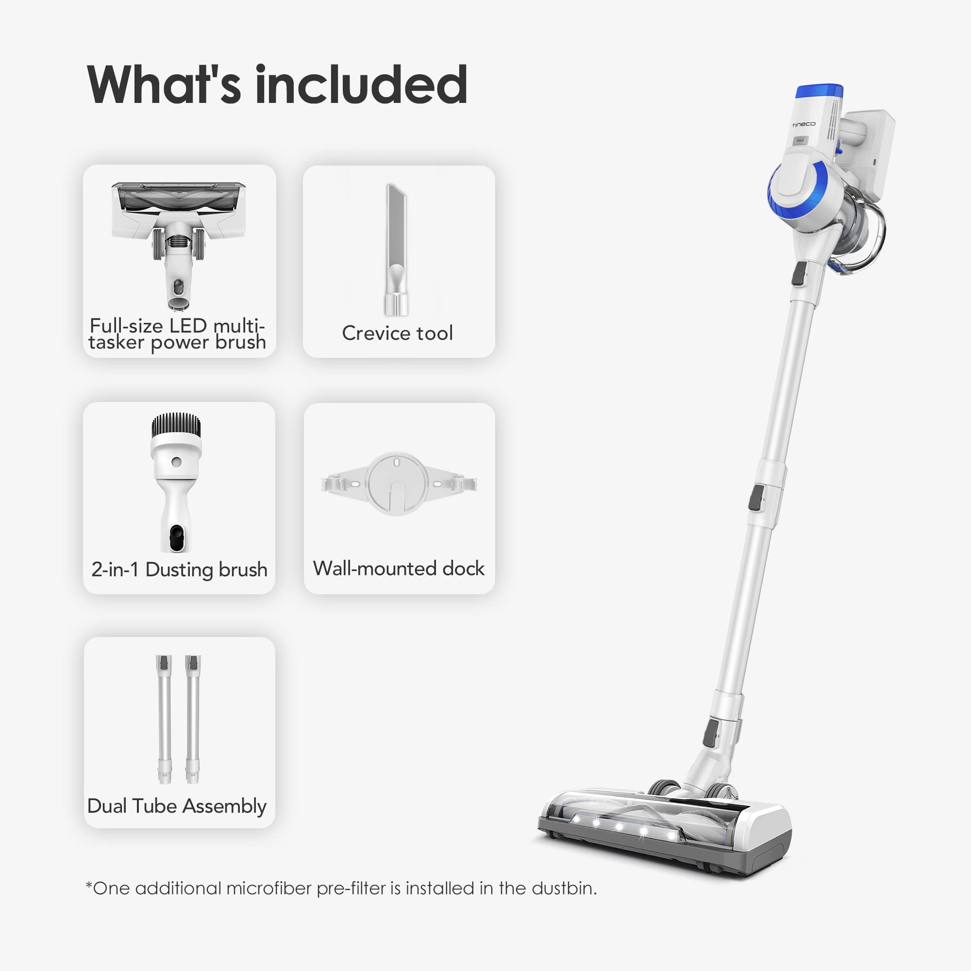Tineco A10 Essentials Cordless Stick Vacuum Cleaner - Lightweight, Quiet & Powerful with LED Headlights | Handheld Vacuum for Hard Floors & Carpets | Includes Attachments & Wall-Mounted Dock | Perfect for Home Cleaning, Pet Hair Removal & Quick Pickups