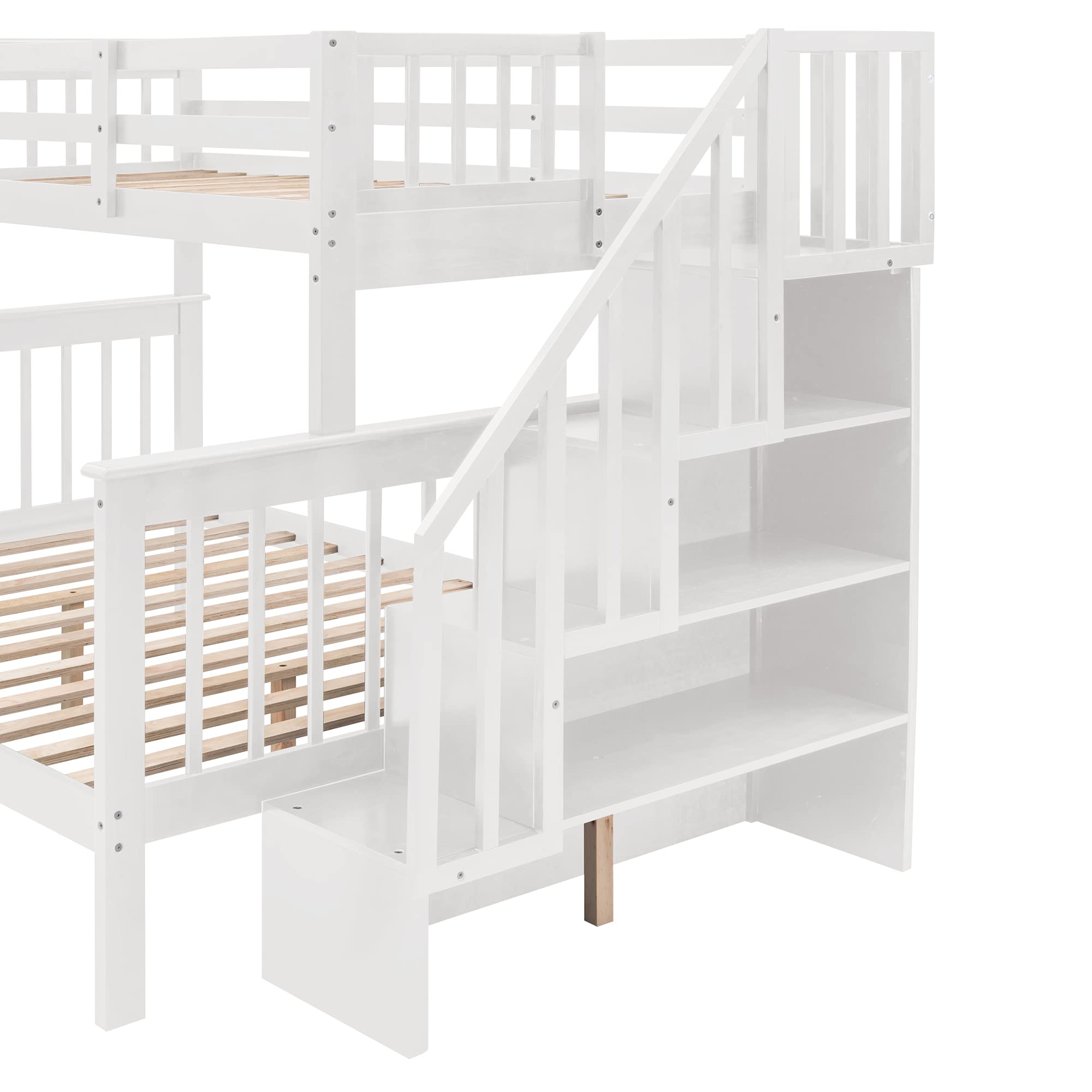 MERITLINE Twin Over Full Bunk Bed with Stairs - Solid Wood Bunk Bed Frame with Storage Drawers & Shelves, No Box Spring Required - White - Perfect for Kids' Bedrooms, Guest Rooms & Small Spaces