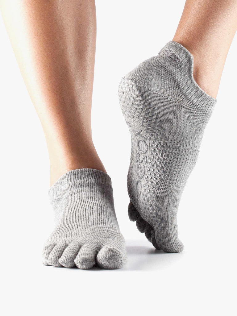 ToeSox Full Toe Low Rise Grip Socks for Yoga, Pilates & Barre - Non-Slip Workout Socks in Heather Grey - Ideal for Dance, Fitness & Studio Classes