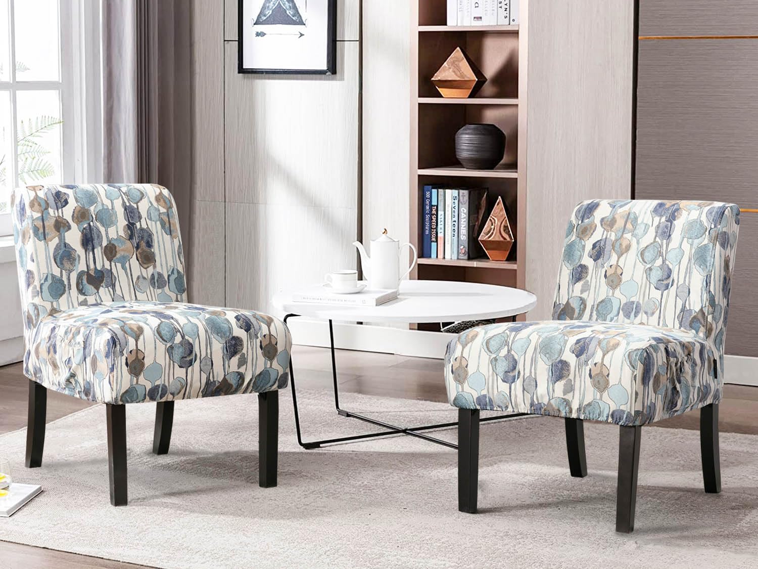 2-Piece Fabric Armless Accent Chairs Set - Modern Slipper Side Chairs with Washable Covers for Living Room, Bedroom & Home Office - White/Blue/Floral Options - Perfect for Small Spaces, Reading Nooks & Guest Seating