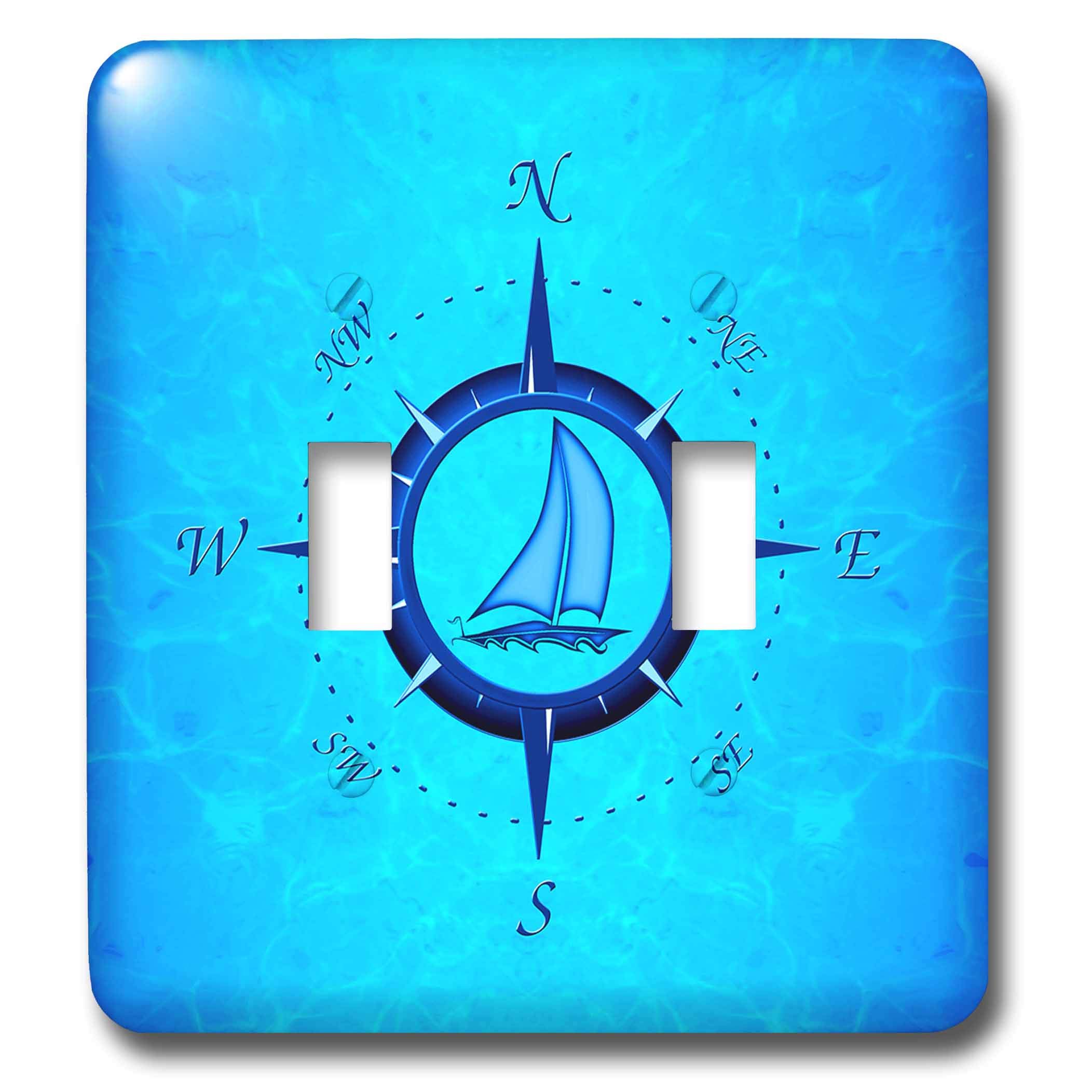 3D Rose Ocean Blue Compass Rose with Sailboat Light Switch Cover - Nautical Decor for Bathroom, Bedroom & Kitchen Wall Plate