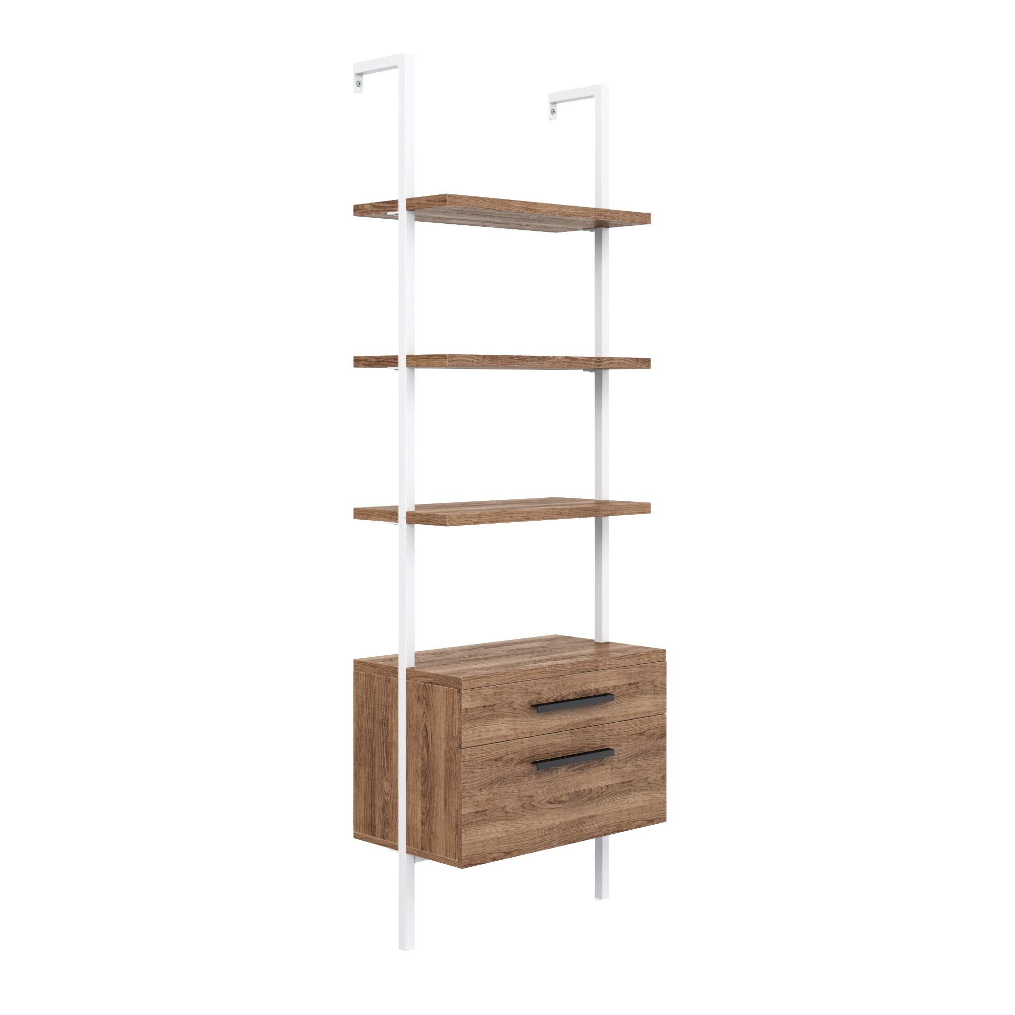 Nathan James Theo Industrial Bookshelf with Wood Drawers & Matte Steel Frame - 3-Tier Oak/White Storage Shelf for Living Room, Office & Bedroom Organization