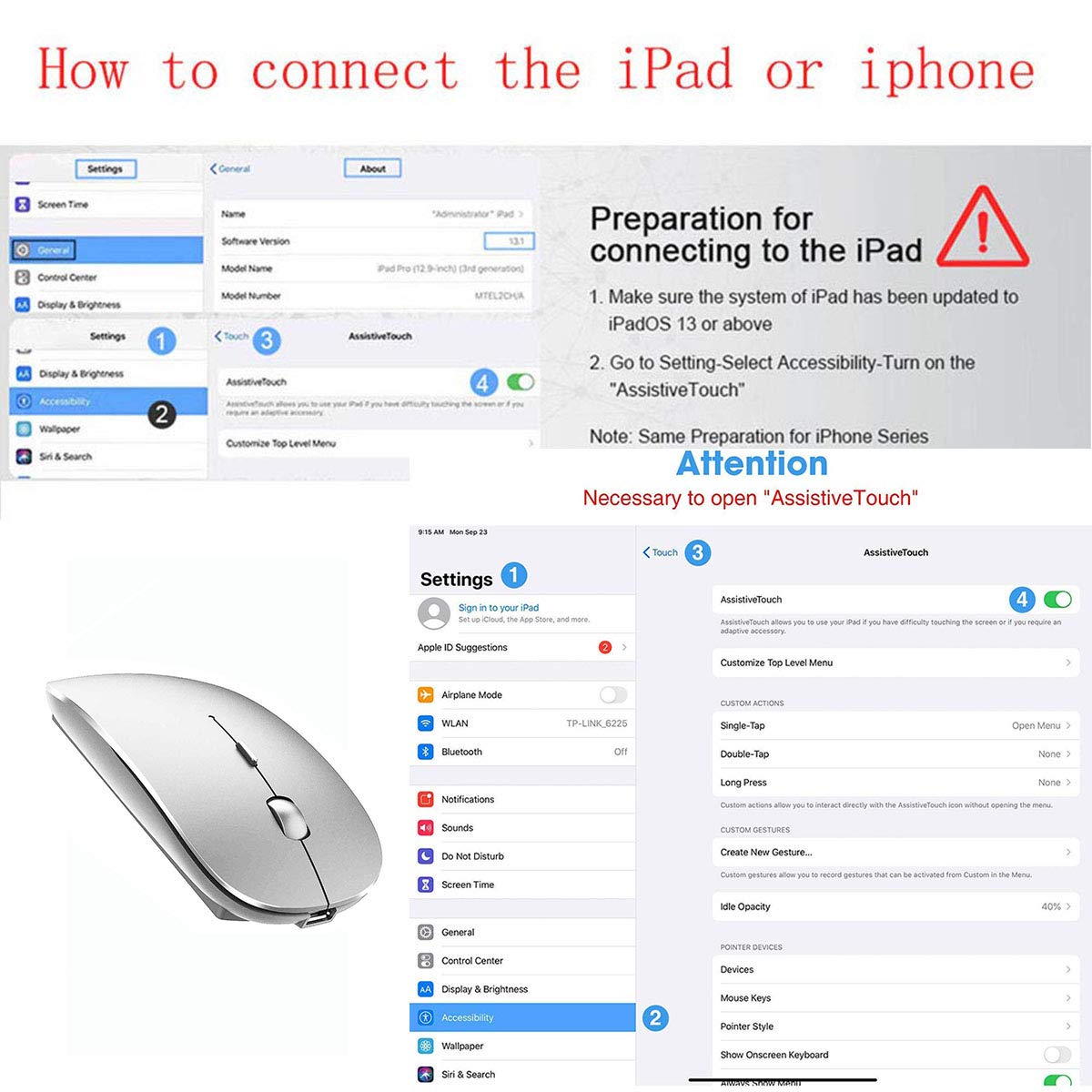 Rechargeable Bluetooth Wireless Mouse for MacBook Pro/Air, Laptop, PC, iPad Pro - Bluetooth 5.2/3.0 & 2.4G USB Receiver (Silver) | Perfect for Office Work, Travel & Home Use
