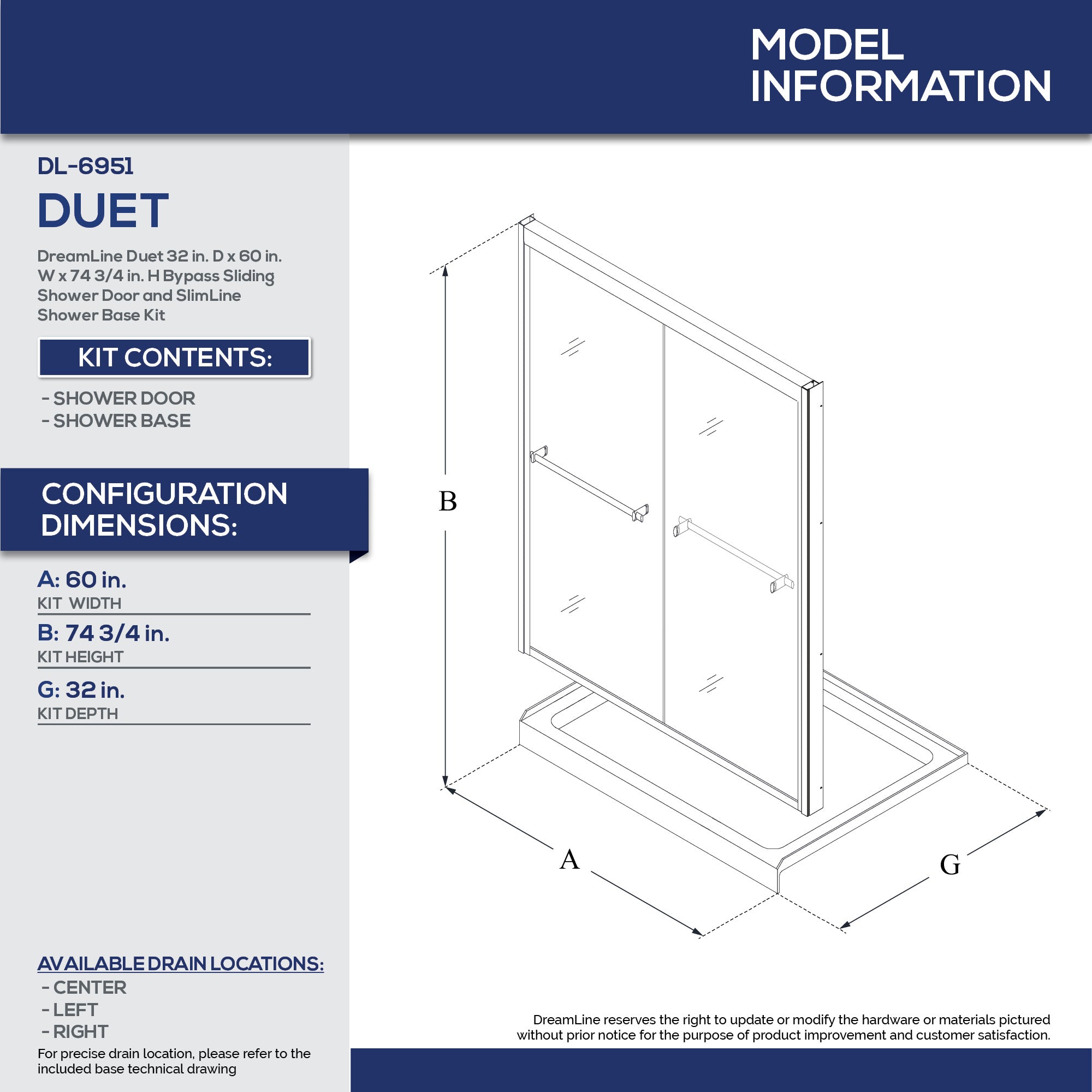 DreamLine Duet 32x60x74.75 Inch Semi-Frameless Bypass Shower Door - Brushed Nickel & White Base with Center Drain | Perfect for Modern Bathroom Renovations & Space-Saving Designs