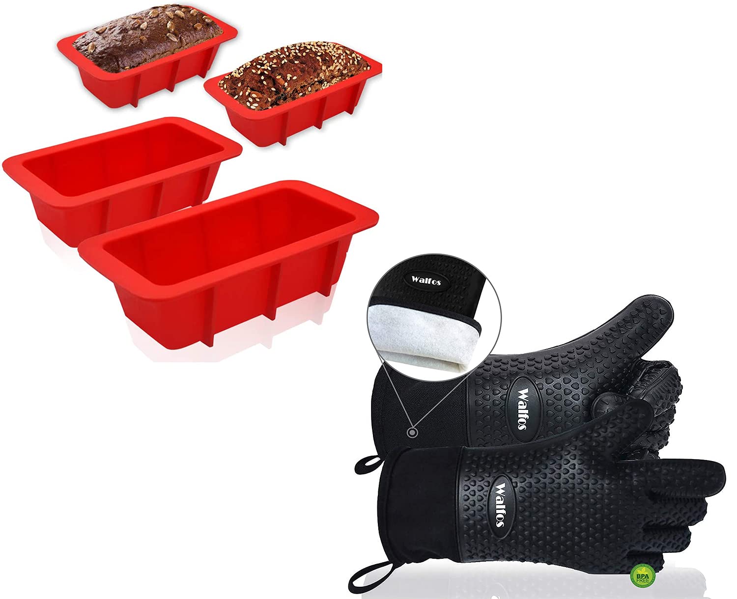 Walfos Premium 4PCS Silicone Mini Loaf Pan Set with High Heat Resistant Oven Mitts - Non-Stick Baking Molds for Bread, Muffins & Cupcakes - Perfect for Home Baking, Meal Prep & Holiday Cooking