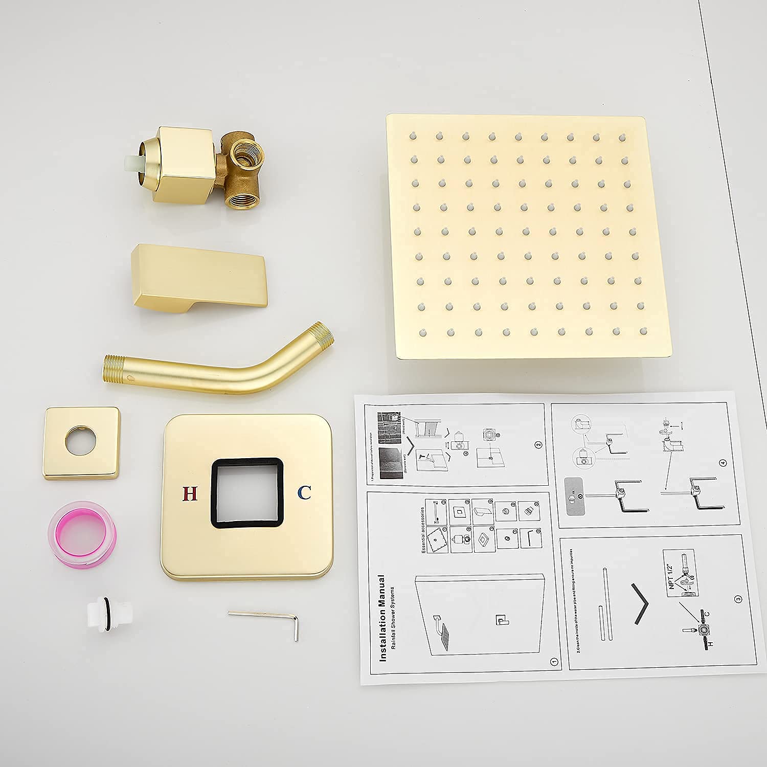 GGStudy Brushed Gold Single Function Shower Trim Kit with Rough-in Valve - 8 Inch Square Stainless Steel Rainfall Shower Head - Modern Bathroom Faucet System for Luxurious Spa-like Experience