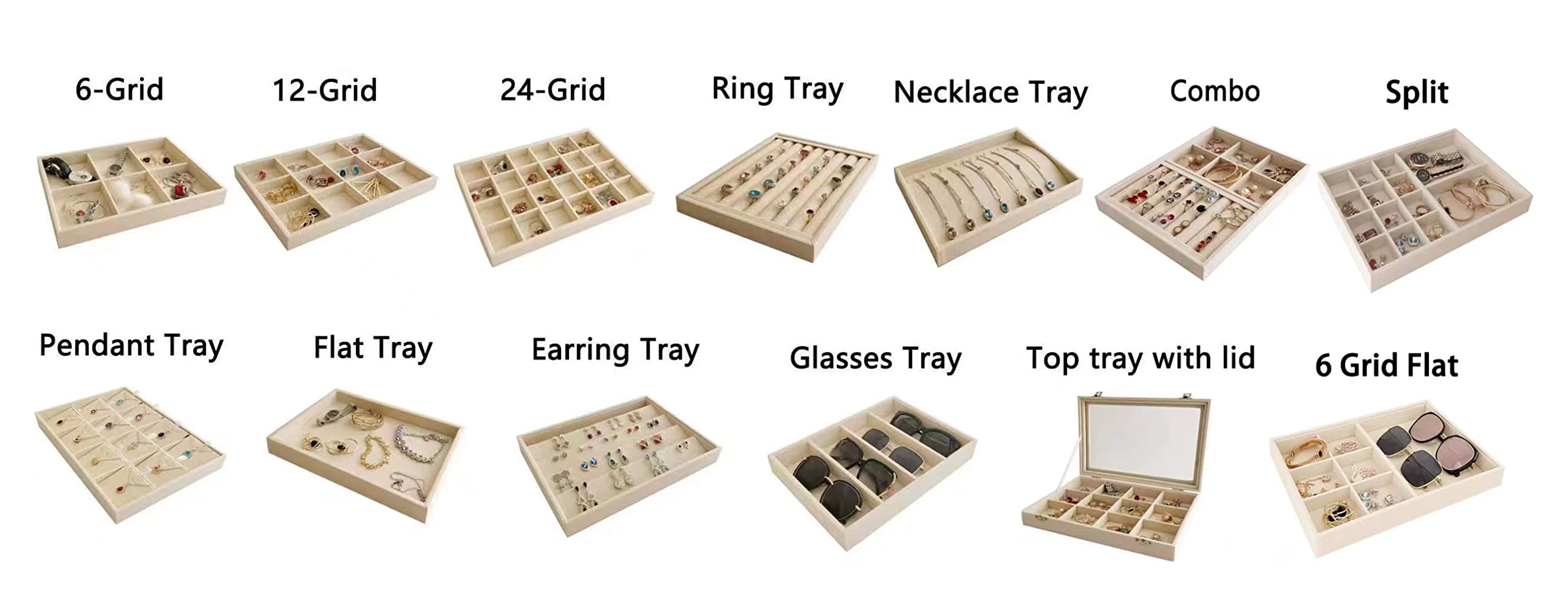 Premium Beige Velvet Jewelry Organizer Tray - Stackable Earring Drawer Insert & Closet Storage Solution for Necklaces, Rings & Bracelets | Perfect for Bedroom Vanity, Travel & Gift Giving