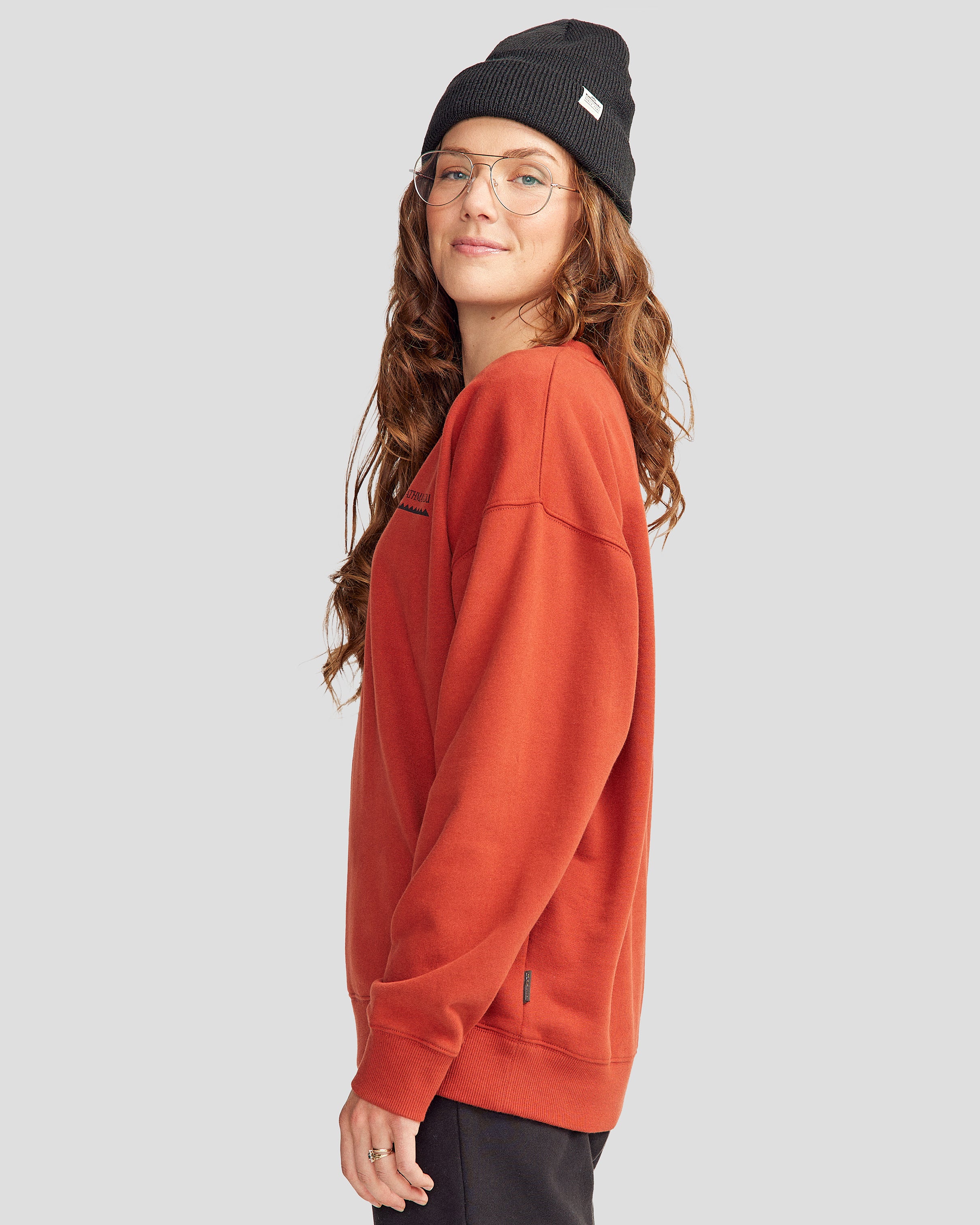 Heritage Logo Slouchy Brushed Crew Sweatshirt for Women - Cozy Redwood Pullover | Casual Outfit, Lounge Wear & Street Style Fashion