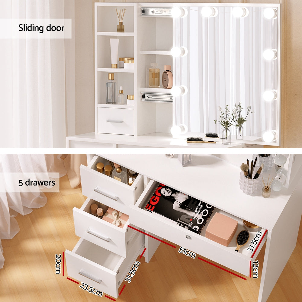 Dylan White Dressing Table Set with Stool & 10 LED Bulbs - Vanity Makeup Desk for Bedroom, Beauty Salon & Home Decor