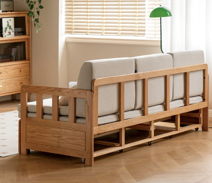 Solid Oak Wood Sofa Bed with Folding & Retractable Storage | Convertible Sleeper for Small Spaces, Guest Rooms & Apartments