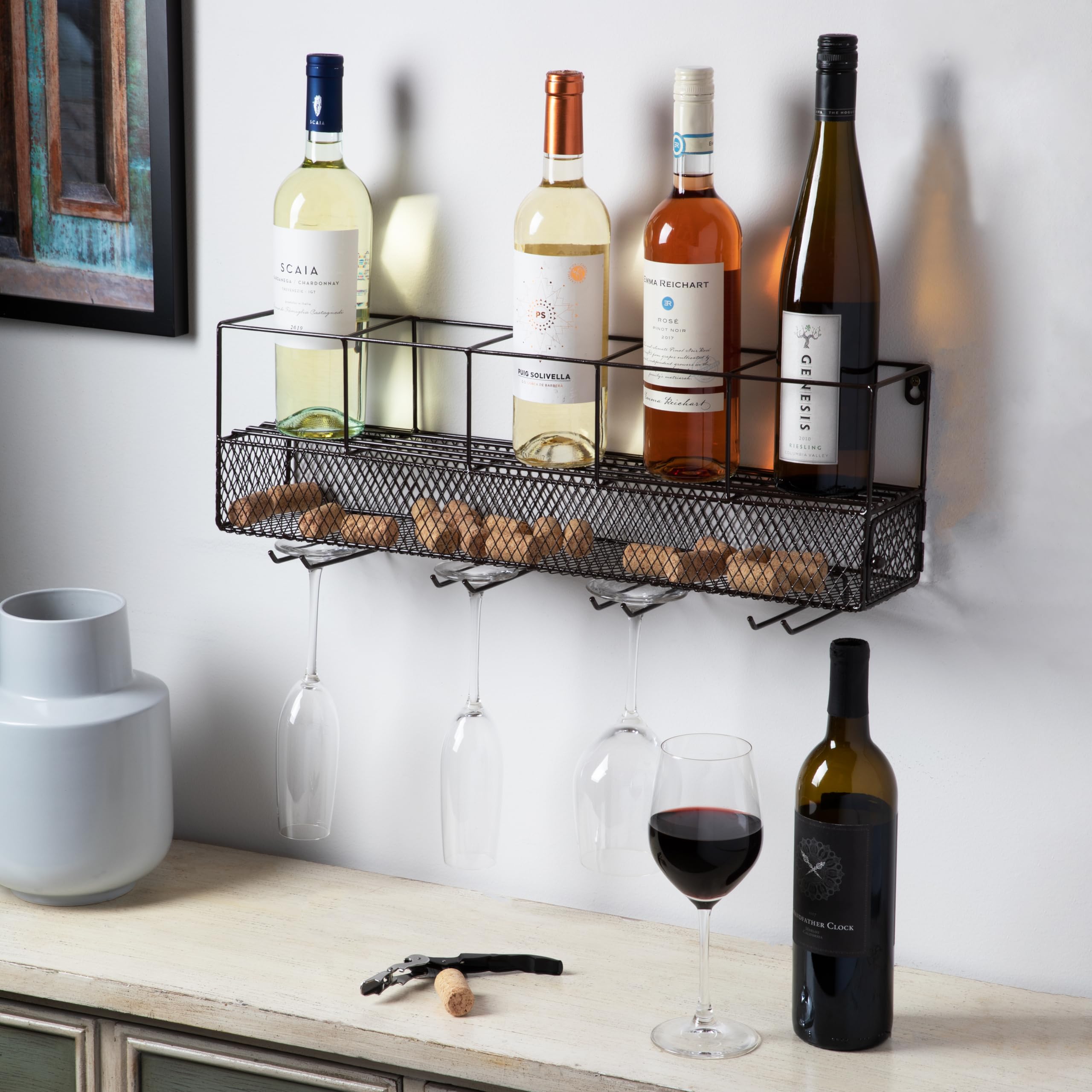 Sturdy Wall Mounted Wine Rack with Cork Cage Stemware Holder - Holds 5 Wine Bottles & 4 Glasses, Rustic Brown Finish - Perfect for Kitchen, Bar, Dining Room & Wine Cellar Organization