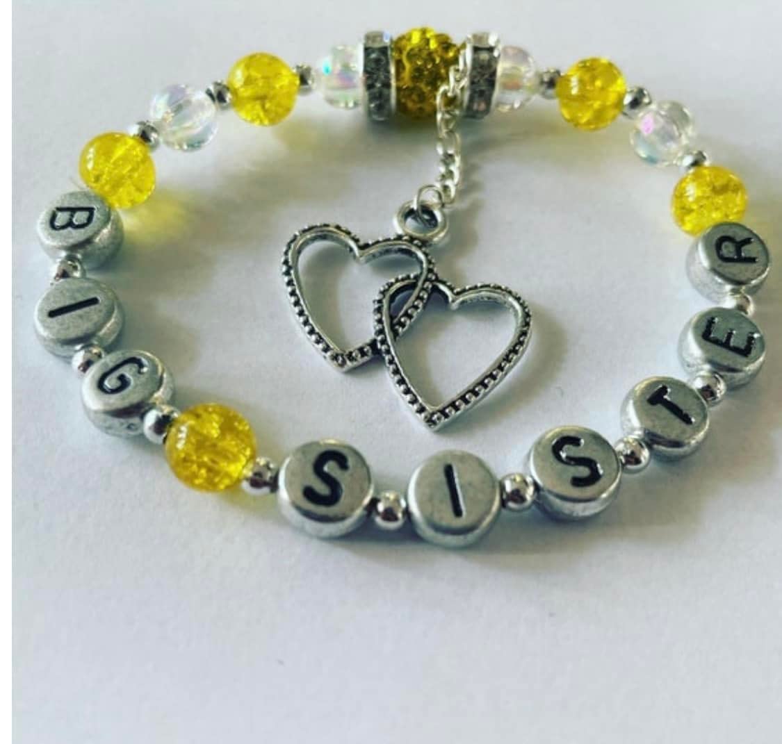 Yellow Shamballa Beaded Bracelet - Initial Wording Stretch Gift for Sister - Perfect for Birthdays & Sibling Gifts