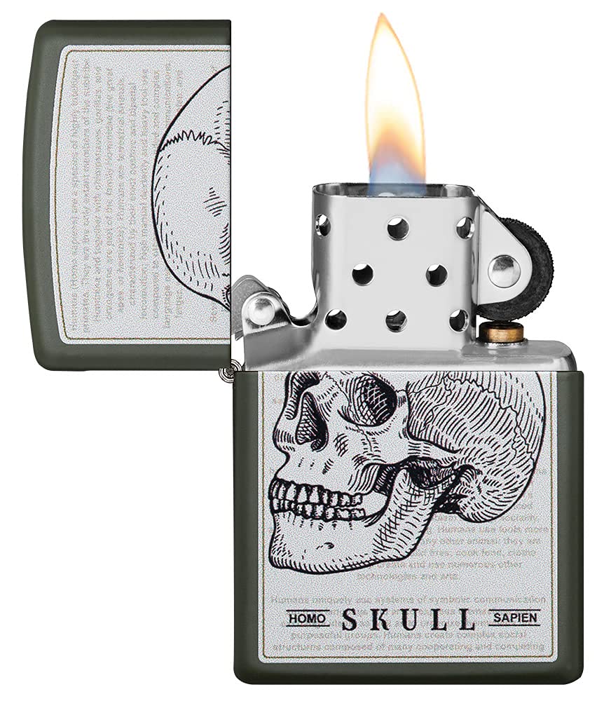 Zippo Green Matte Pocket Lighter with Literary Skull Design - Windproof Refillable Lighter for Outdoor Camping, Hiking & Everyday Carry (EDC)