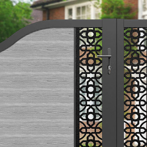 Classic Nabila Curved Top Driveway Gate - Light Grey with Middle Screen | Elegant Driveway Entrance for Homes & Estates | Durable Outdoor Security Gate