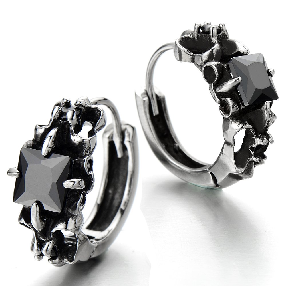 Vintage Men's Huggie Hinged Hoop Earrings - Stainless Steel with Black Square Cubic Zirconia - Perfect for Casual Wear, Gifts & Special Occasions