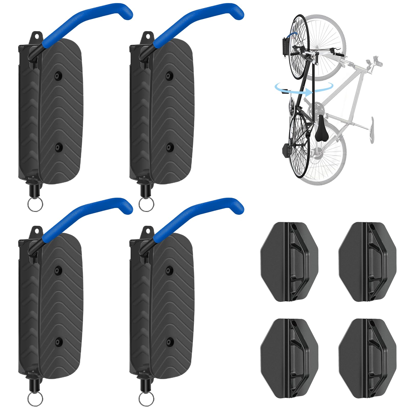Swivel Bike Wall Mount Rack - Space Saving Garage Bike Hooks & Hangers - Vertical Storage Solution Holds Up to 70 lbs (4 Pack, Blue) - Perfect for Garage, Basement, or Apartment Bike Organization