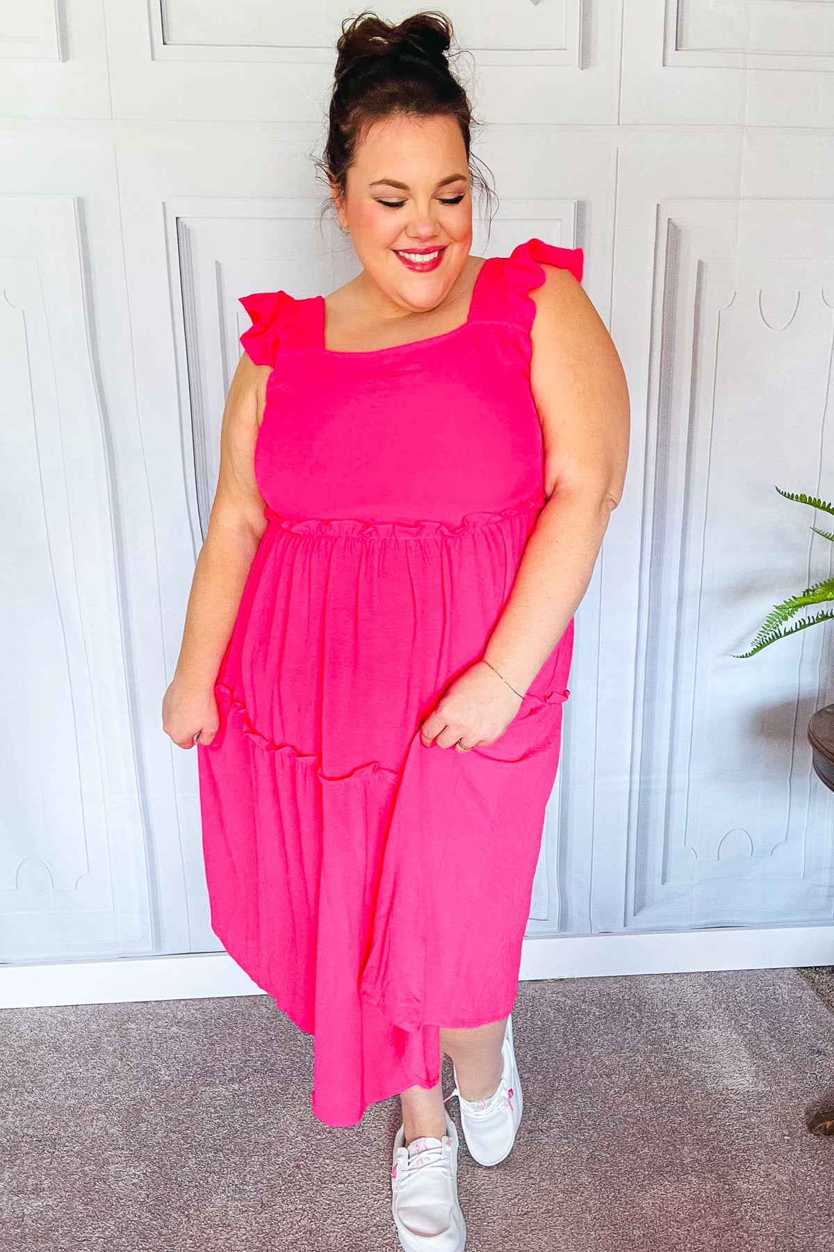 Fuchsia Smocked Flutter Sleeve Tiered Midi Dress for Women - Elegant Summer Casual & Wedding Guest Outfit