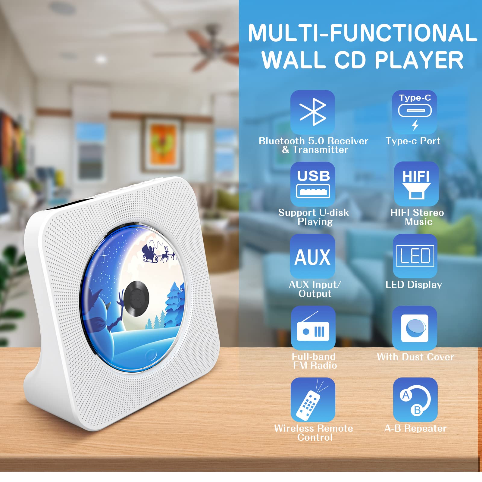 KOVCDVI Bluetooth CD Player with Speakers - 5.0 Wireless, Remote Control, FM Radio, USB/AUX Input, Digital Display & Dust Cover - Perfect for Home, Office & Desktop Music Playback (White)