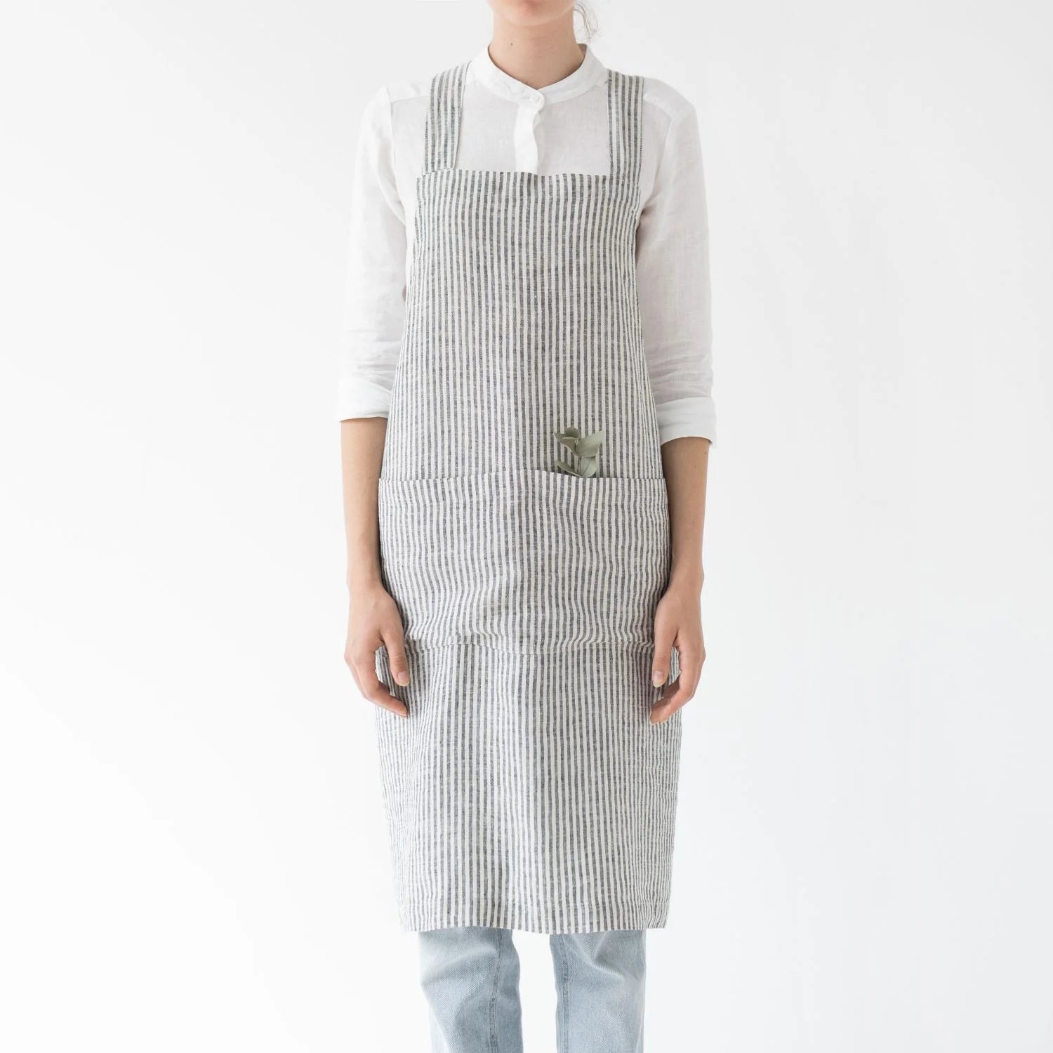 Premium Linen Crossback Apron with Thin Black Stripes - Adjustable Waist Tie, Kitchen Cooking & Baking, BBQ Grill, Pottery & Art Studio Essential