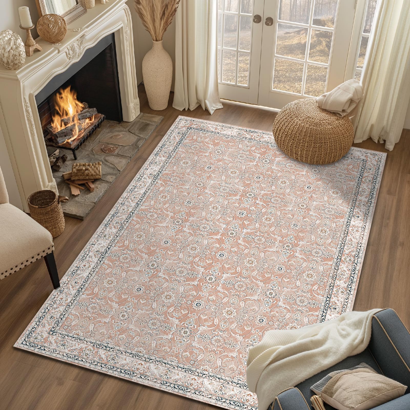 Jinchan 5x7 Washable Vintage Pink Area Rug - Non-Slip Floral Print Indoor Rug for Kitchen, Bedroom, Living & Dining Room | Traditional Foldable Thin Carpet with Distressed Retro Design