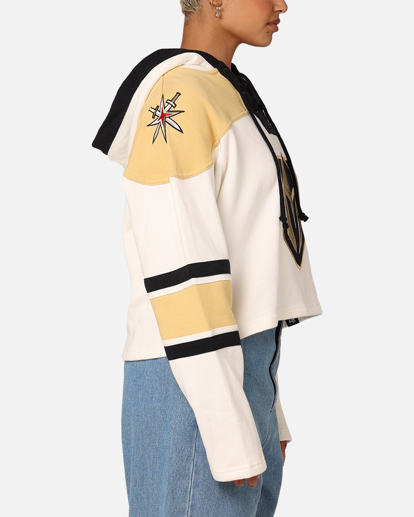 47 Brand Women's Vegas Golden Knights Cropped Lace-Up Hoodie - White Washed Distressed Style for Game Day & Casual Streetwear