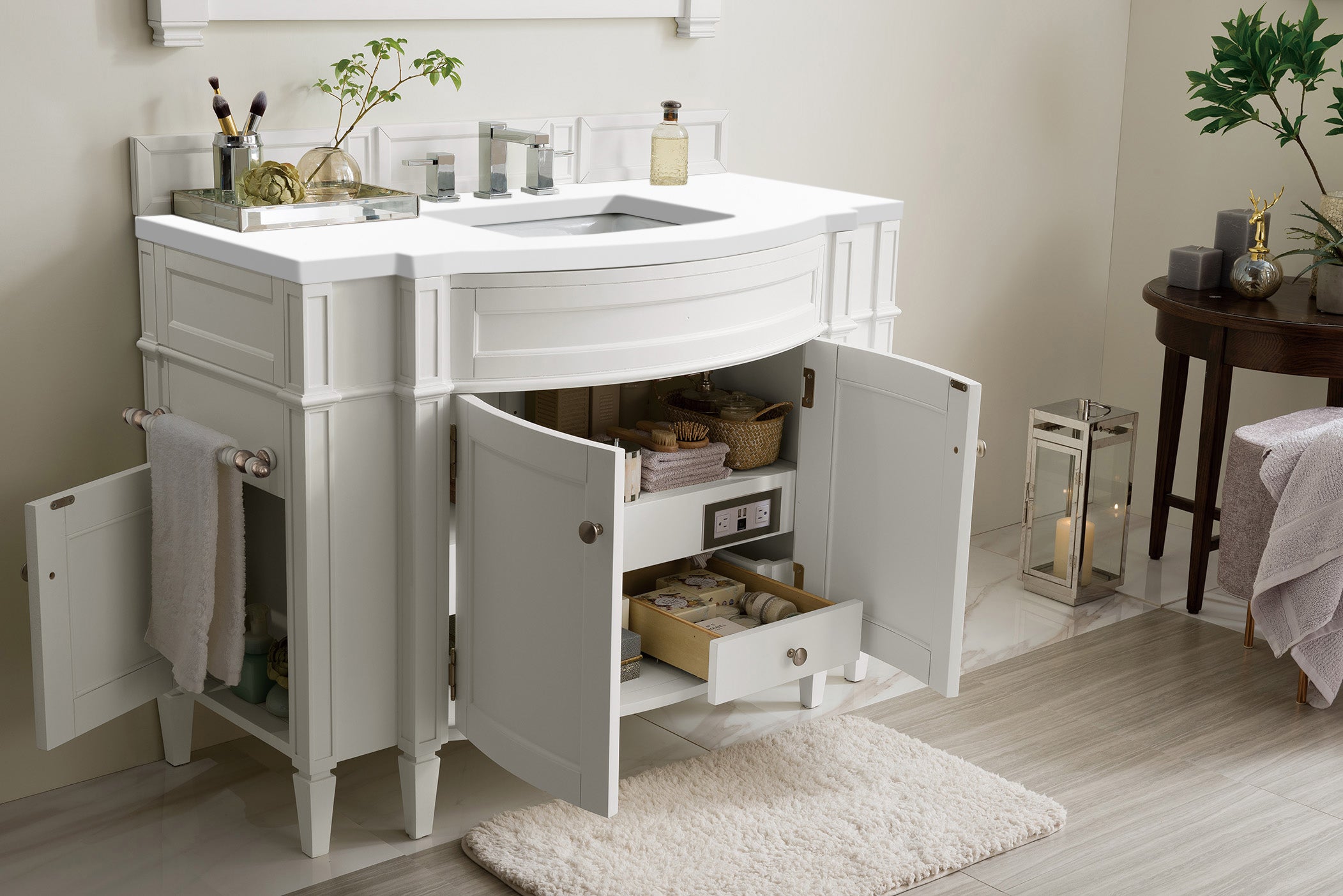 Brittany 46 Inch Single Bathroom Vanity Set with White Zeus Quartz Countertop - Modern Bright White Finish for Bathroom Remodel & Home Upgrade