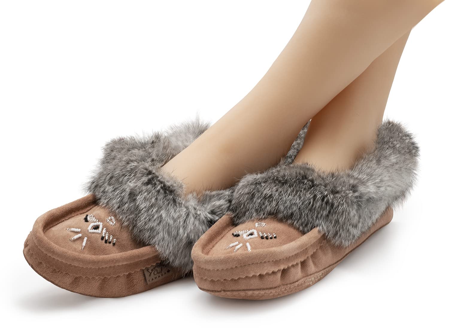 Laurentian Chief Women's Moccasin Slippers with Real Rabbit Fur Trim - Soft Faux Lining Indoor House Shoes - Beaded Style Warm Comfortable Slippers for Women - Perfect for Cozy Evenings, Winter Relaxation & Home Lounging