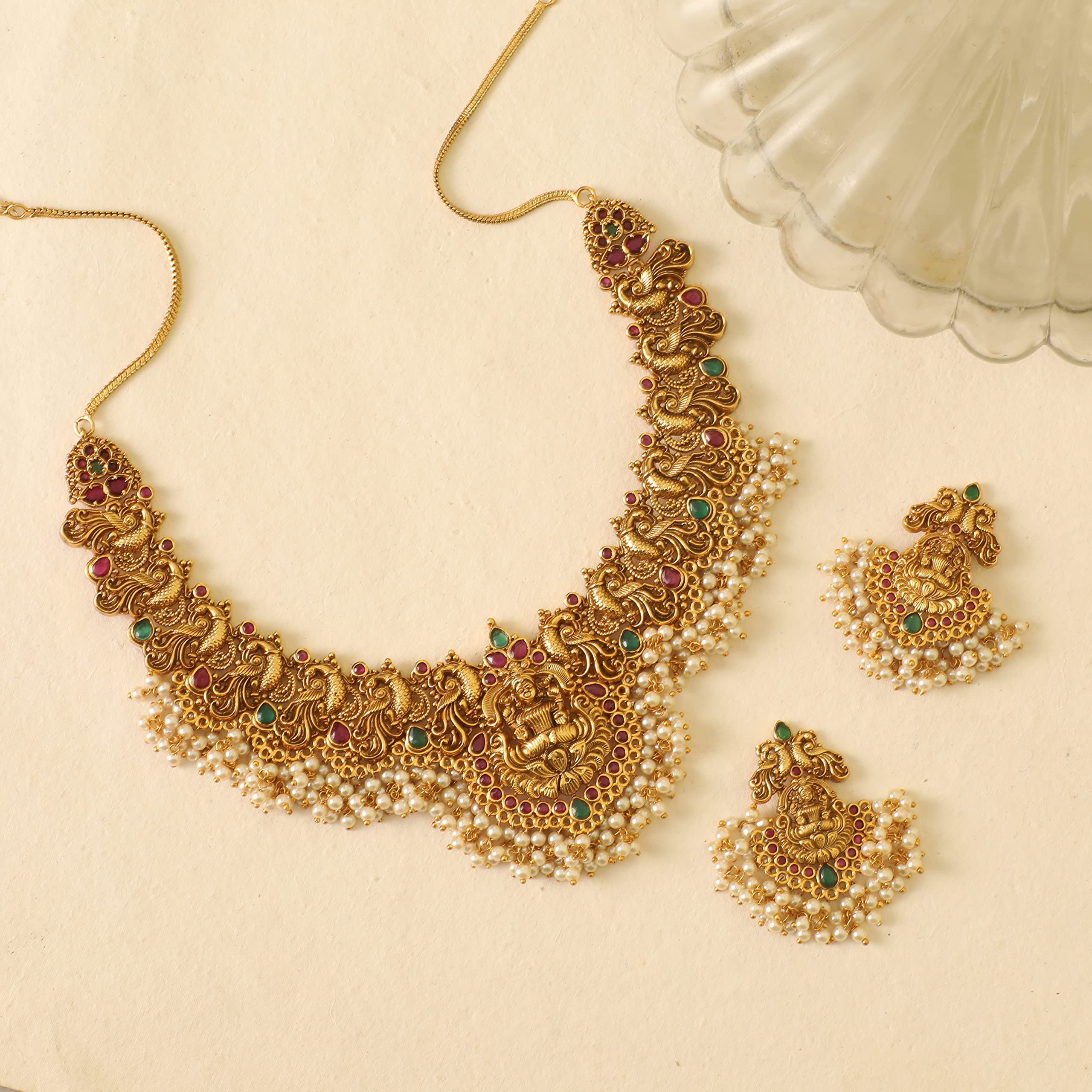 Antique Gold Plated Cira Short Necklace Set with Floral Design - Traditional South Indian Jewelry for Women | Perfect for Weddings, Festivals & Ethnic Occasions | Elegant Bridal Accessory | 1 Year Warranty