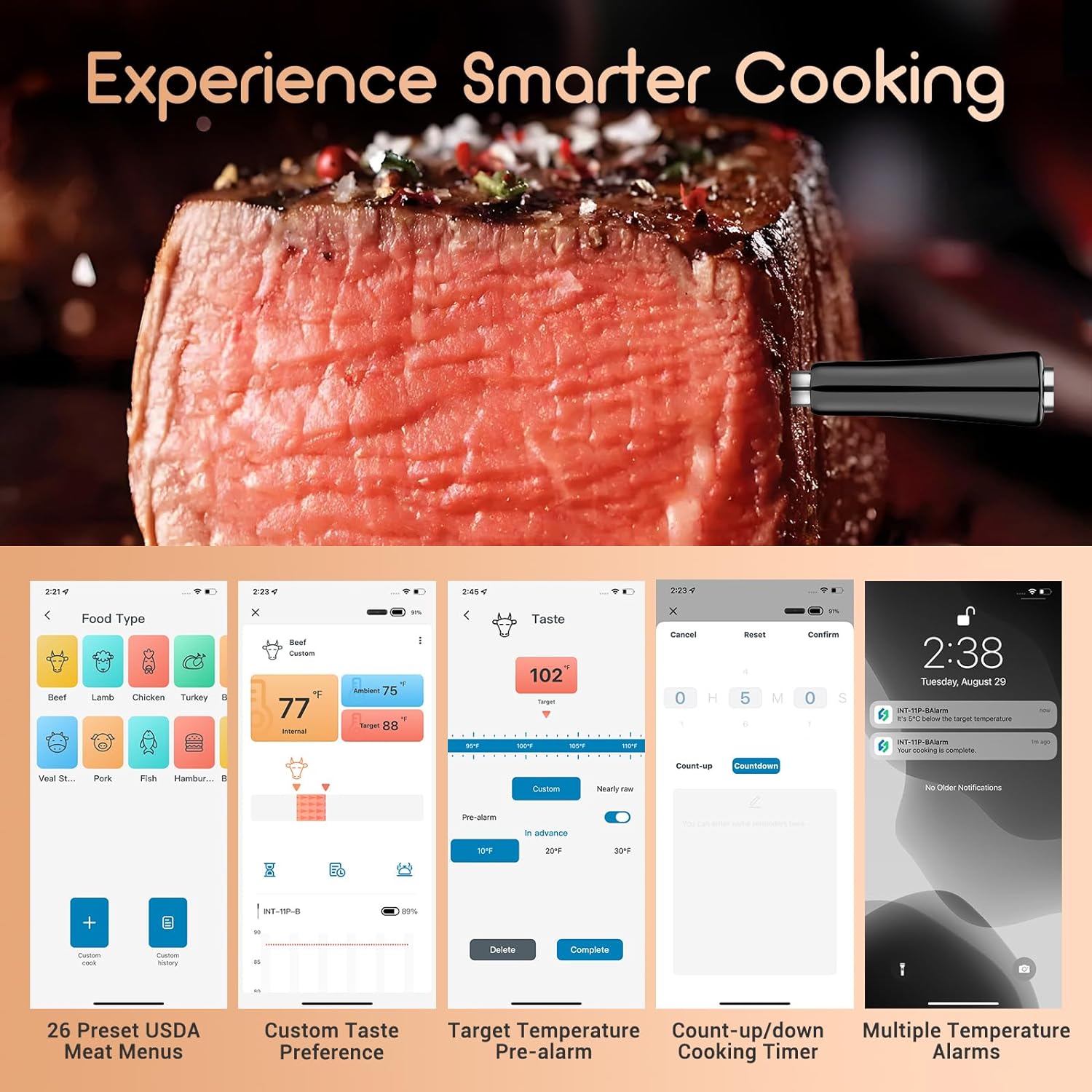 Wireless Bluetooth Meat Thermometer for Grilling, Smoking & BBQ - INT 11P B - Perfect for Steak, Chicken, Turkey & Outdoor Cooking