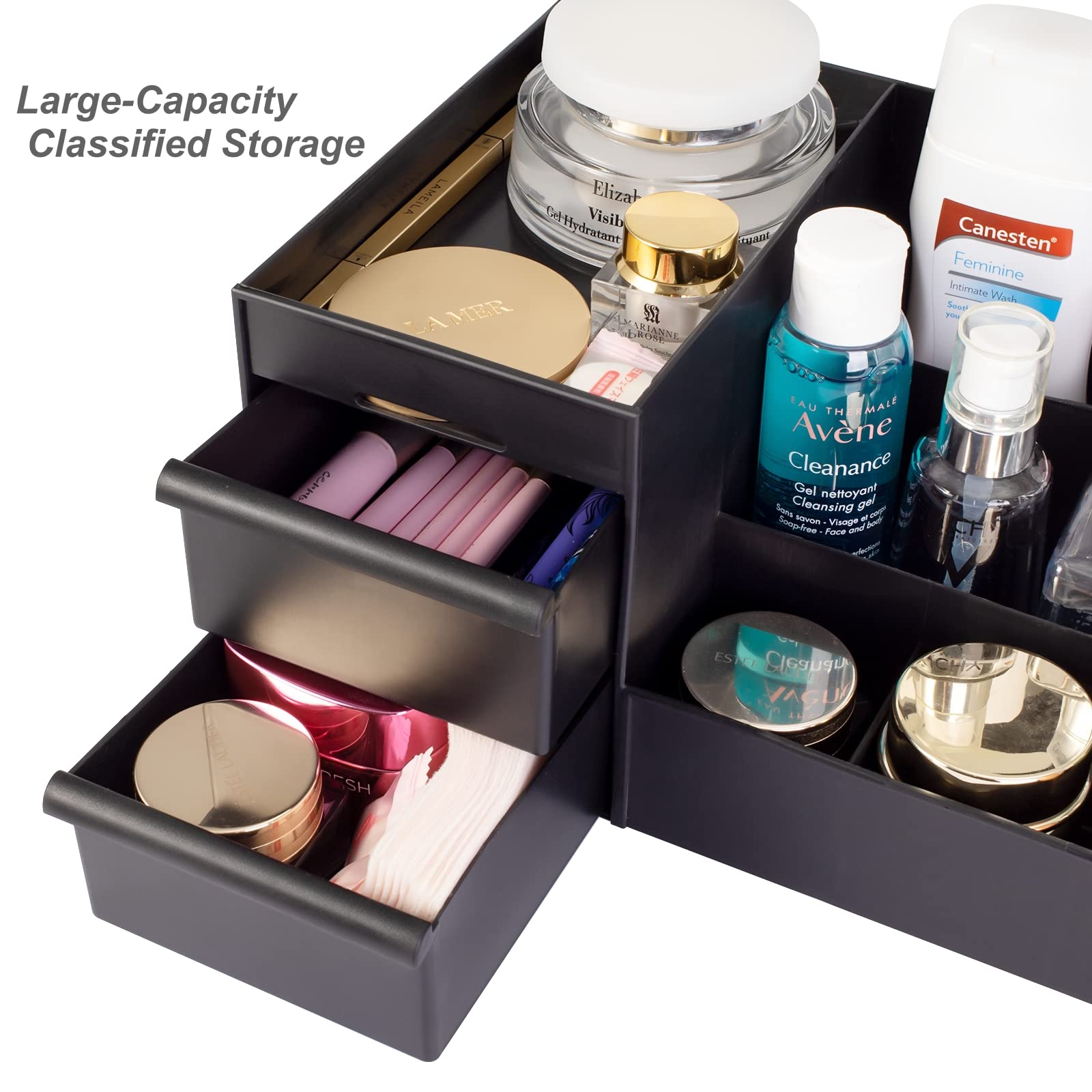 Gothic Makeup Desk Organizer with Drawers - Black Cosmetic Vanity Holder for Lipstick, Brushes, Eyeshadow, Nail Polish & Jewelry Storage | Perfect for Bedroom, Bathroom & Dressing Table Organization