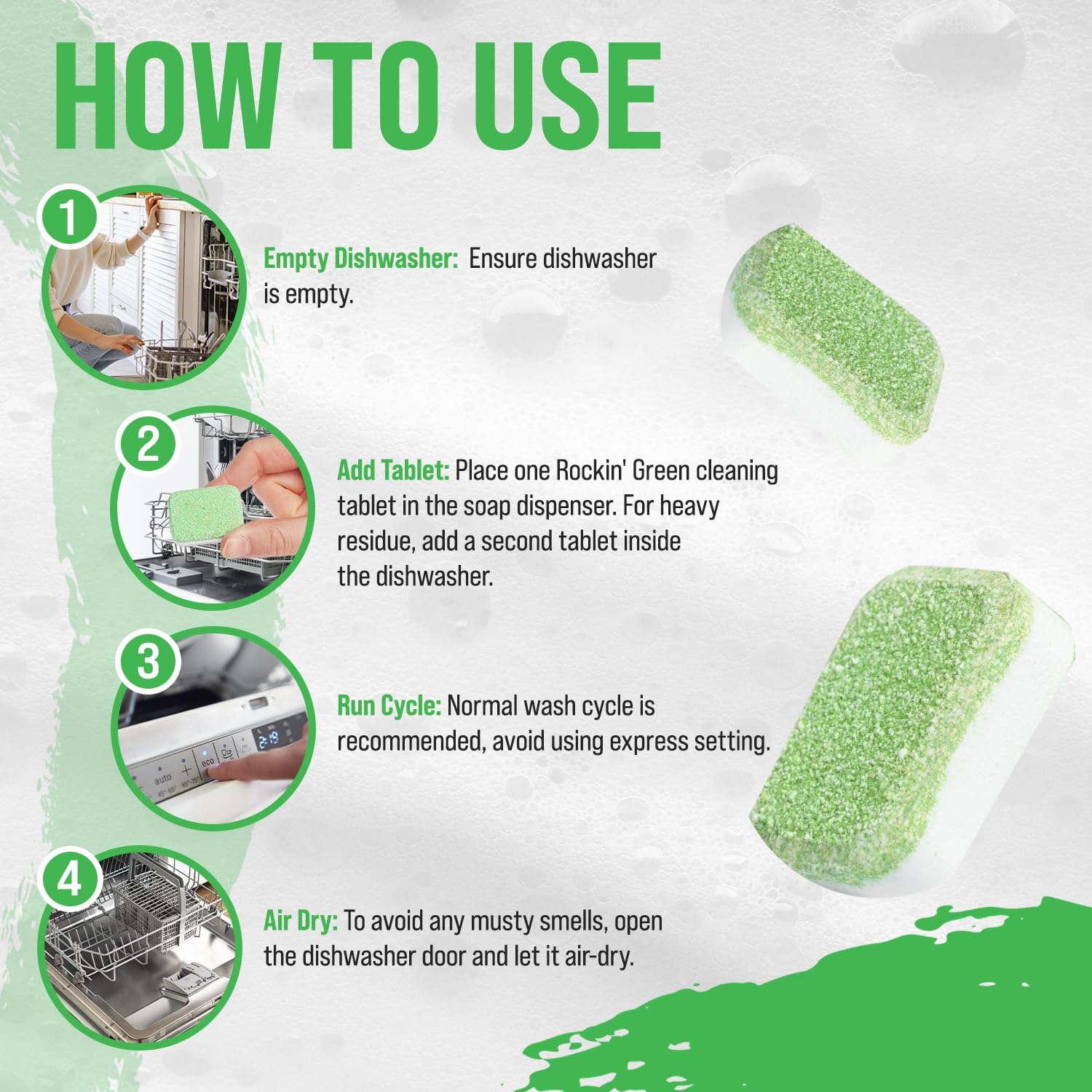 Rockin' Green Dishwasher Cleaner Tablets (8 Pack) - Septic Safe, Citric Acid Powered Dishwasher Cleaning & Deodorizing Tablets - Removes Limescale & Odor Buildup - Sweet Child O'Lime Scent - Perfect for Deep Cleaning & Maintaining Dishwashers in Homes & Restaurants