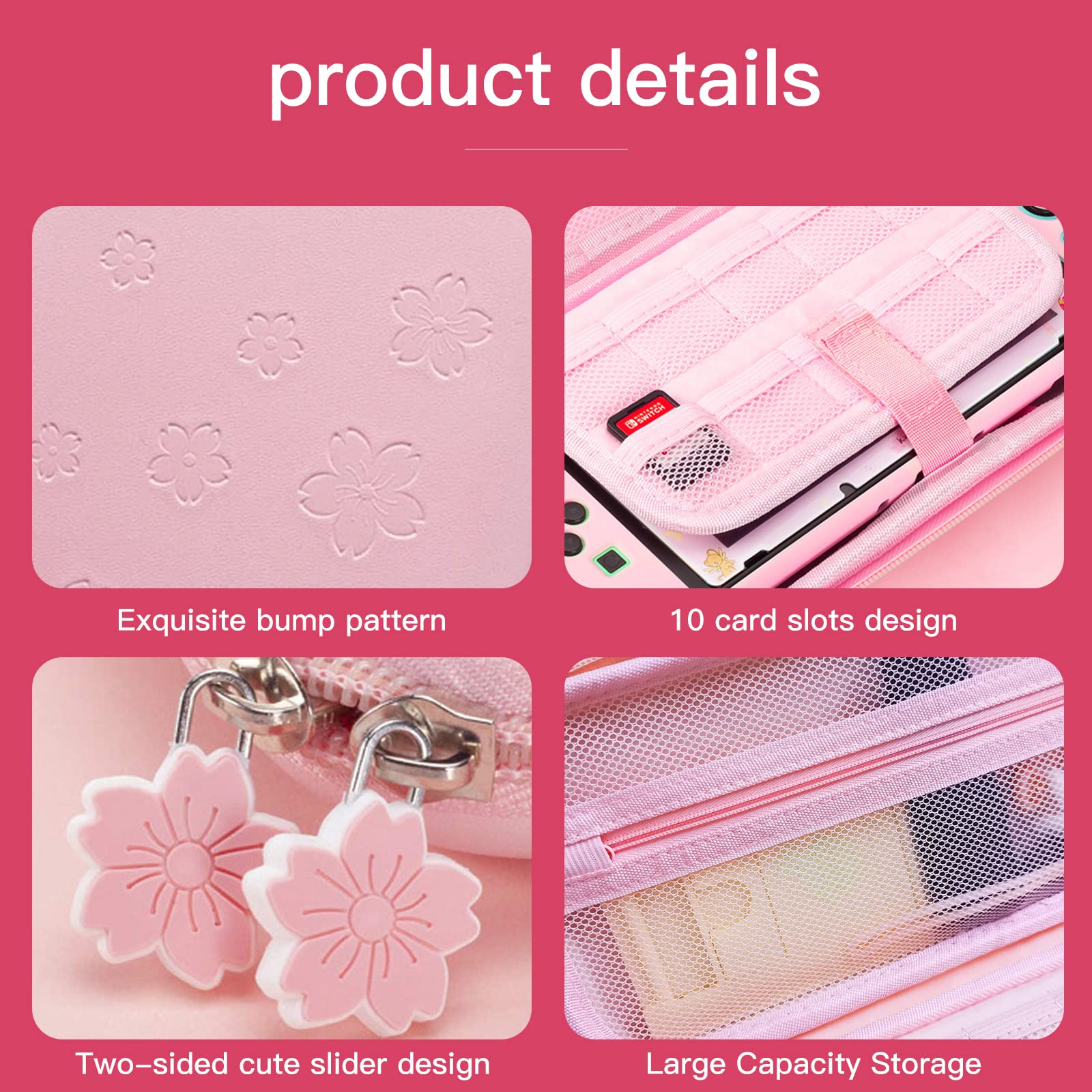 Pink Nintendo Switch OLED Case 2021 - Sakura Design Hard Shell Protective Cover with HD Screen Protector & 4 Thumb Grips | Shockproof Portable Storage for Travel & Gaming Accessories