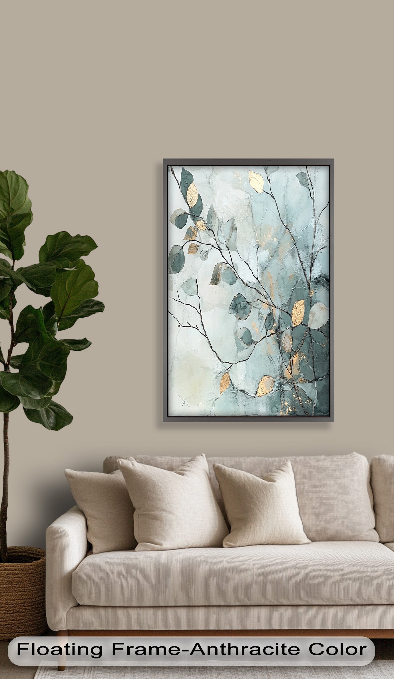 Blue and Metallic Leaf Branch Abstract Oil Painting - Handmade Canvas Wall Art for Living Room, Bedroom & Office Decor