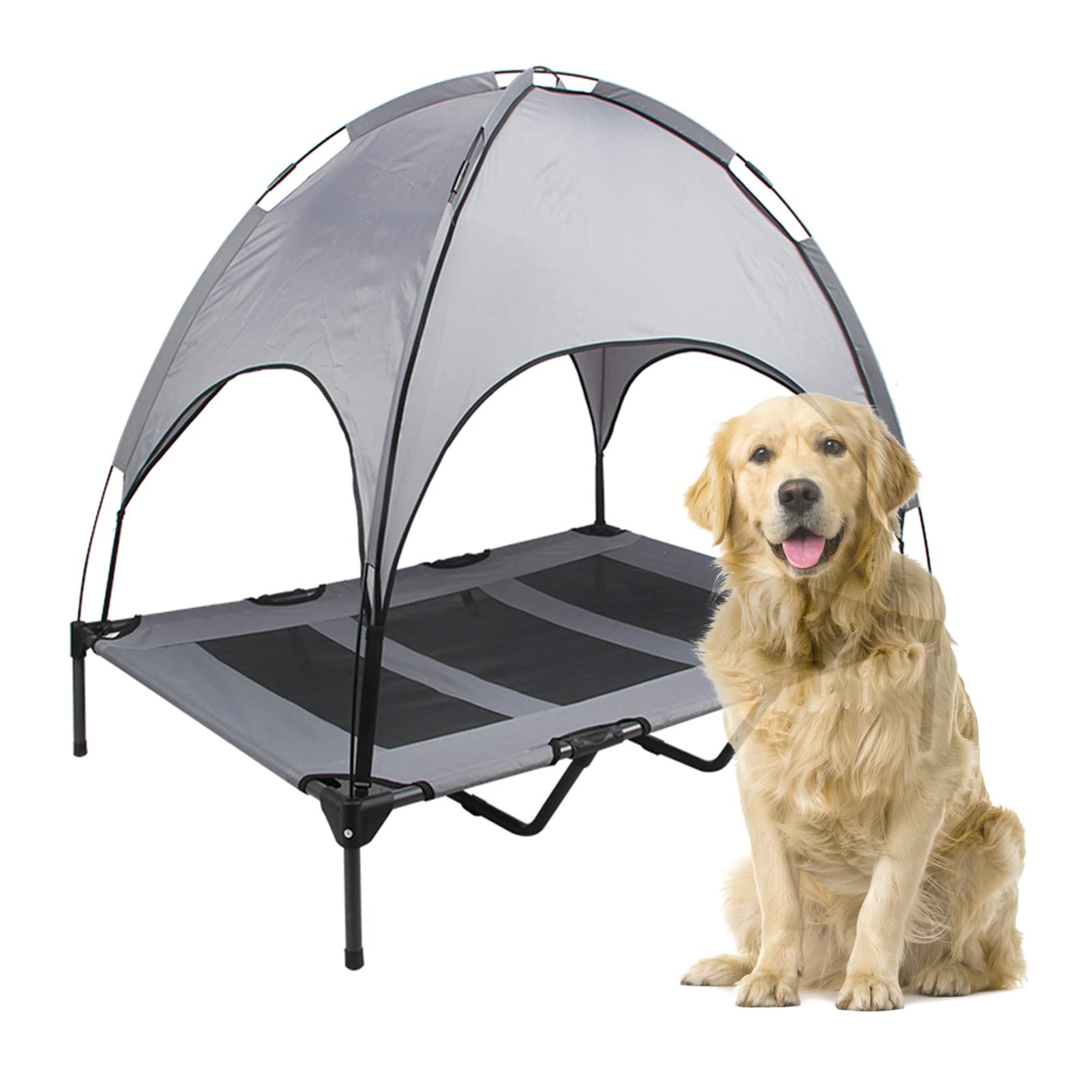 Large Cooling Elevated Dog Bed with Canopy Shade Tent - Waterproof Raised Pet Cot for Indoor & Outdoor Use - Portable Dog Couch for Medium & Senior Dogs (Grey, 30x24x28 Inches) - Perfect for Backyard, Camping & Hot Weather Comfort