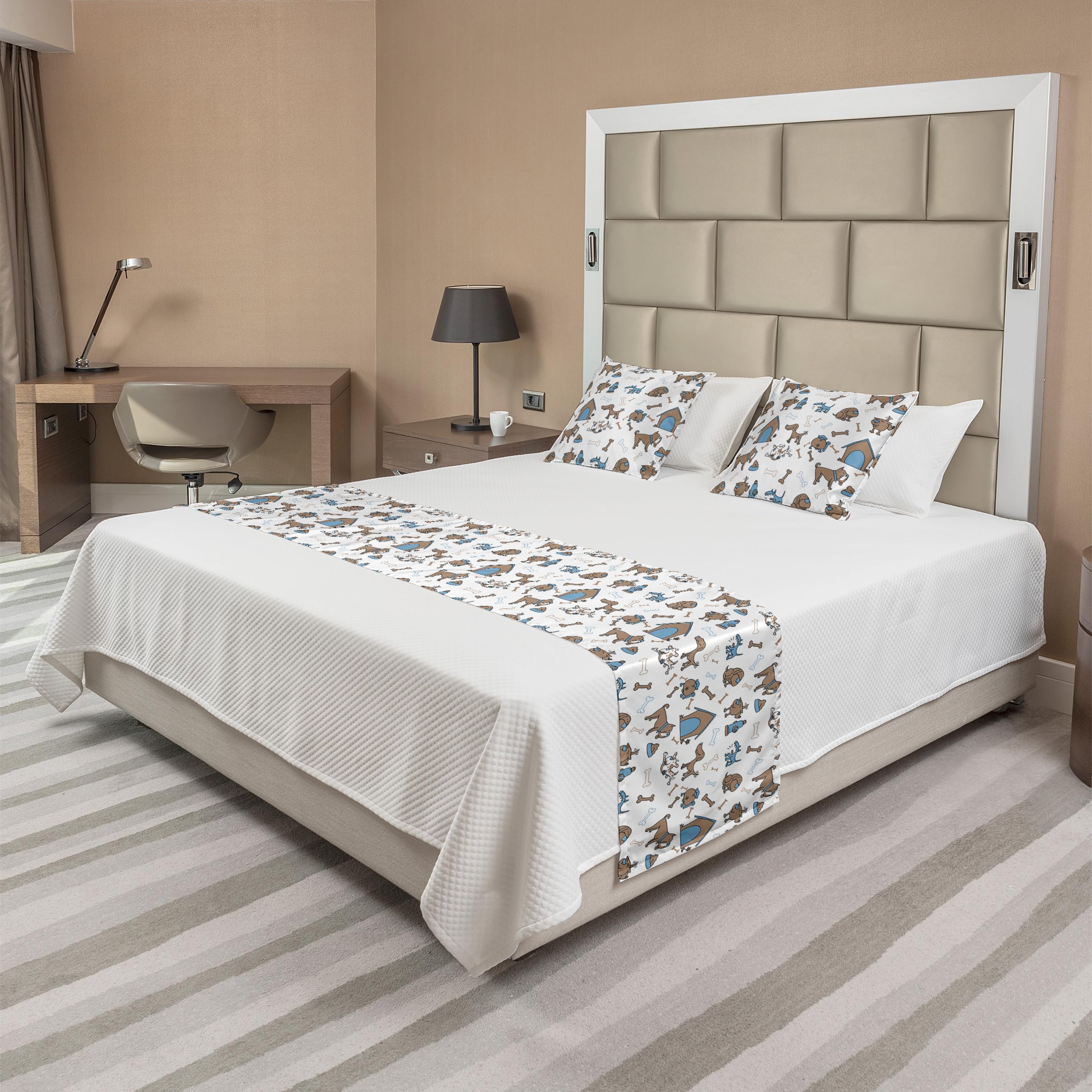 Ambesonne Cartoon Dog Bones Bed Runner Set with 2 Pillow Shams - King Size Cocoa Sky Blue Animal Print Bedding Scarf for Home & Hotel Decor - Perfect for Pet Lovers' Bedroom & Guest Room Styling