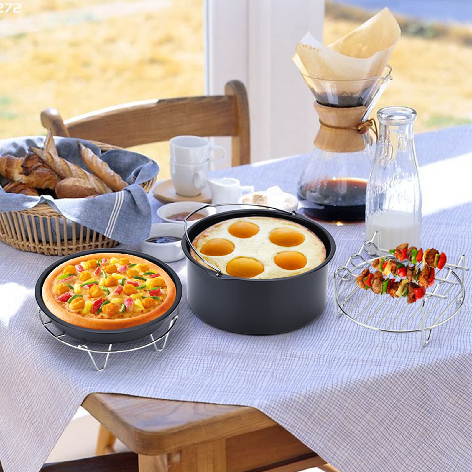 5-in-1 Multifunctional Air Fryer Accessories Kit - Metal Holder, Skewer Rack, Cake Barrel for Philips, Ninja, Cosori - Perfect for Indoor Cooking & Outdoor BBQ Parties
