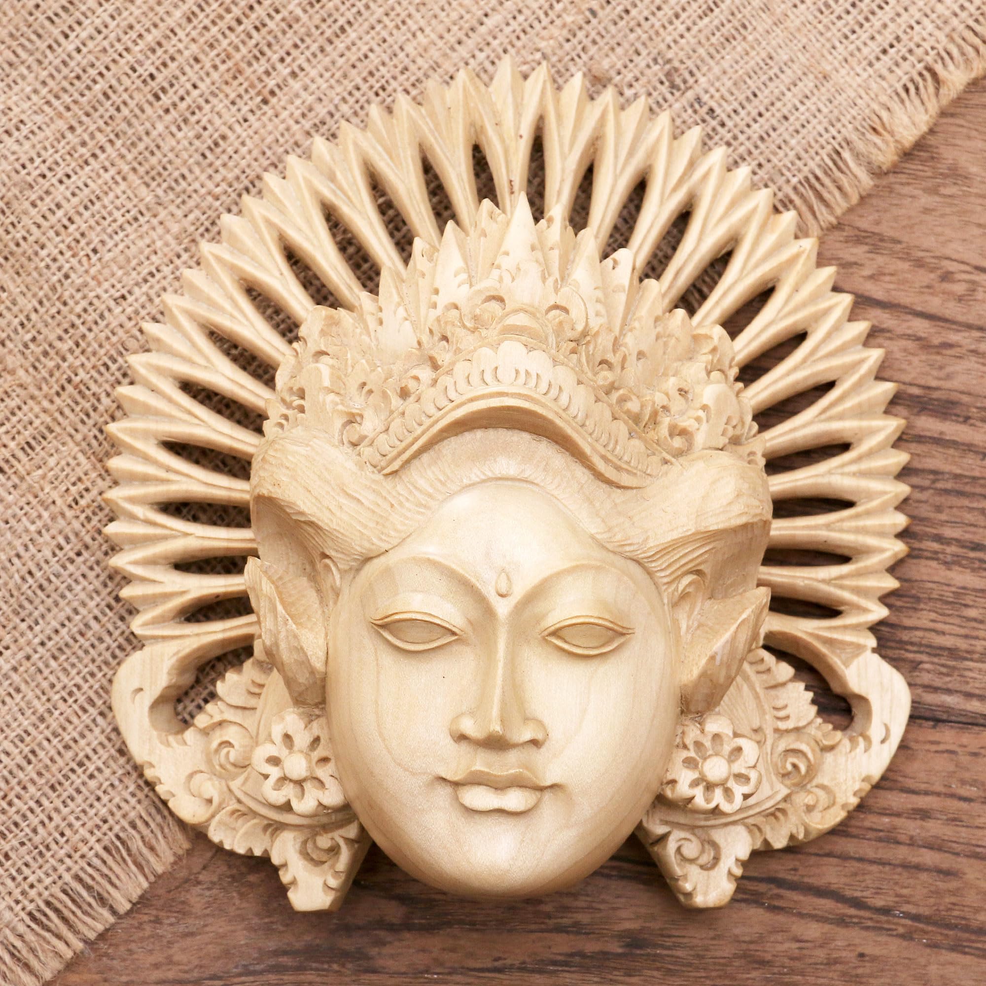 Handcarved Balinese Janger Dancer Wood Mask - Authentic Indonesian Artisan Craft, Brown Cultural Wall Decor (7.75x7x3.5 inches) - Perfect for Home Decor, Theater Performances & Cultural Displays