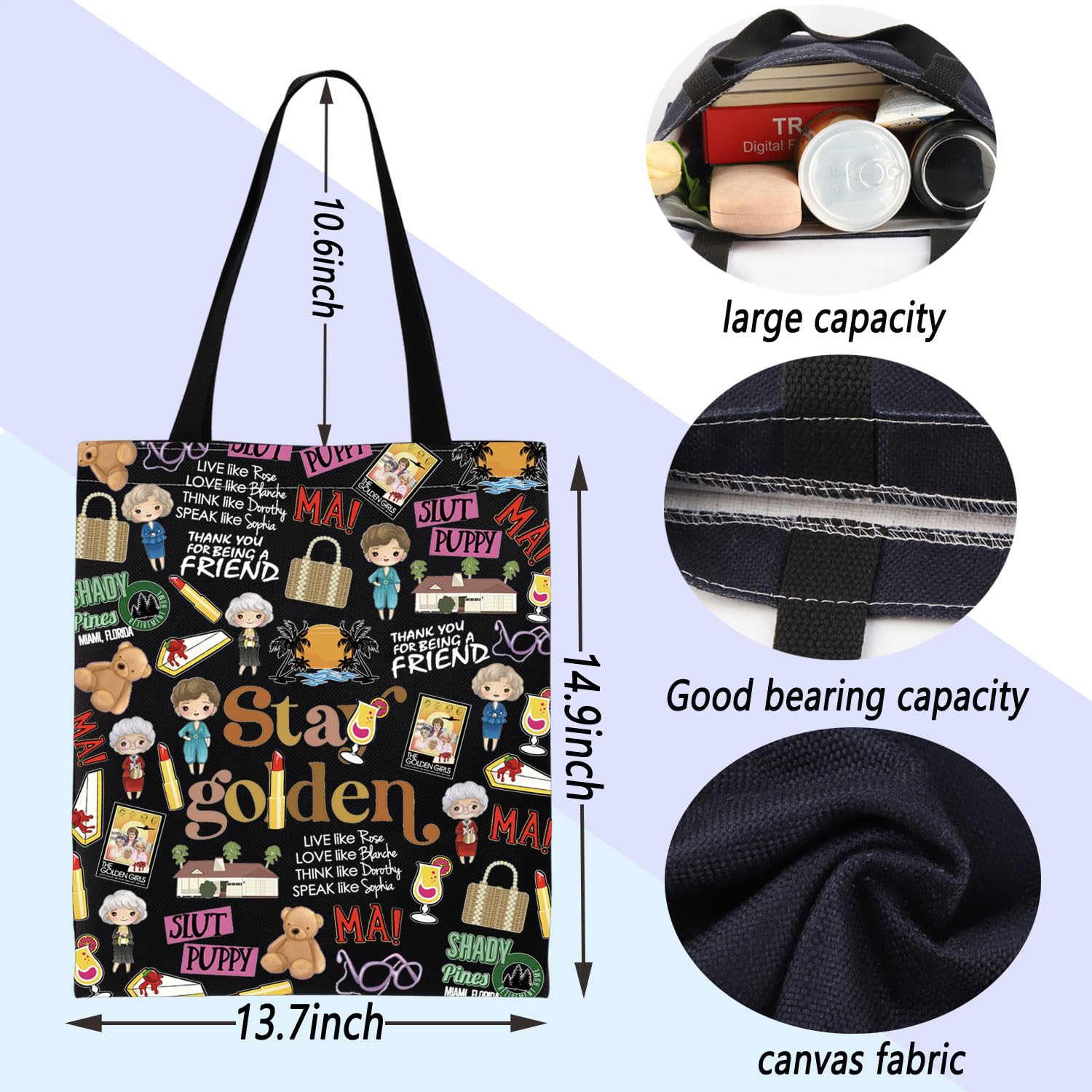 ENSIANTH Golden Girls Movie Tote Bag - Dorothy Sophia Blanche Rose Fans Gift - Perfect for Bachelorette Parties, Bridal Showers & TV Show Themed Events
