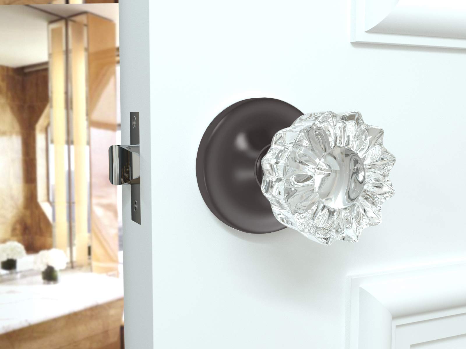 (3 Pack) Vintage Fluted Crystal Door Knobs - Dark Grey Round Rosette for Bedroom, Bathroom & Closet Privacy - Antique Style Cabinet Hardware Replacement