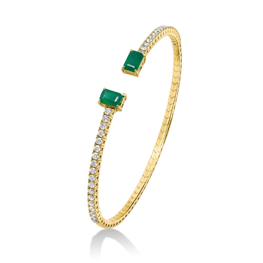 14K Gold Flexible Open Diamond & Emerald Cut Bangle Bracelet (2.30 ct) - Elegant Jewelry for Women, Perfect for Weddings, Parties & Special Occasions