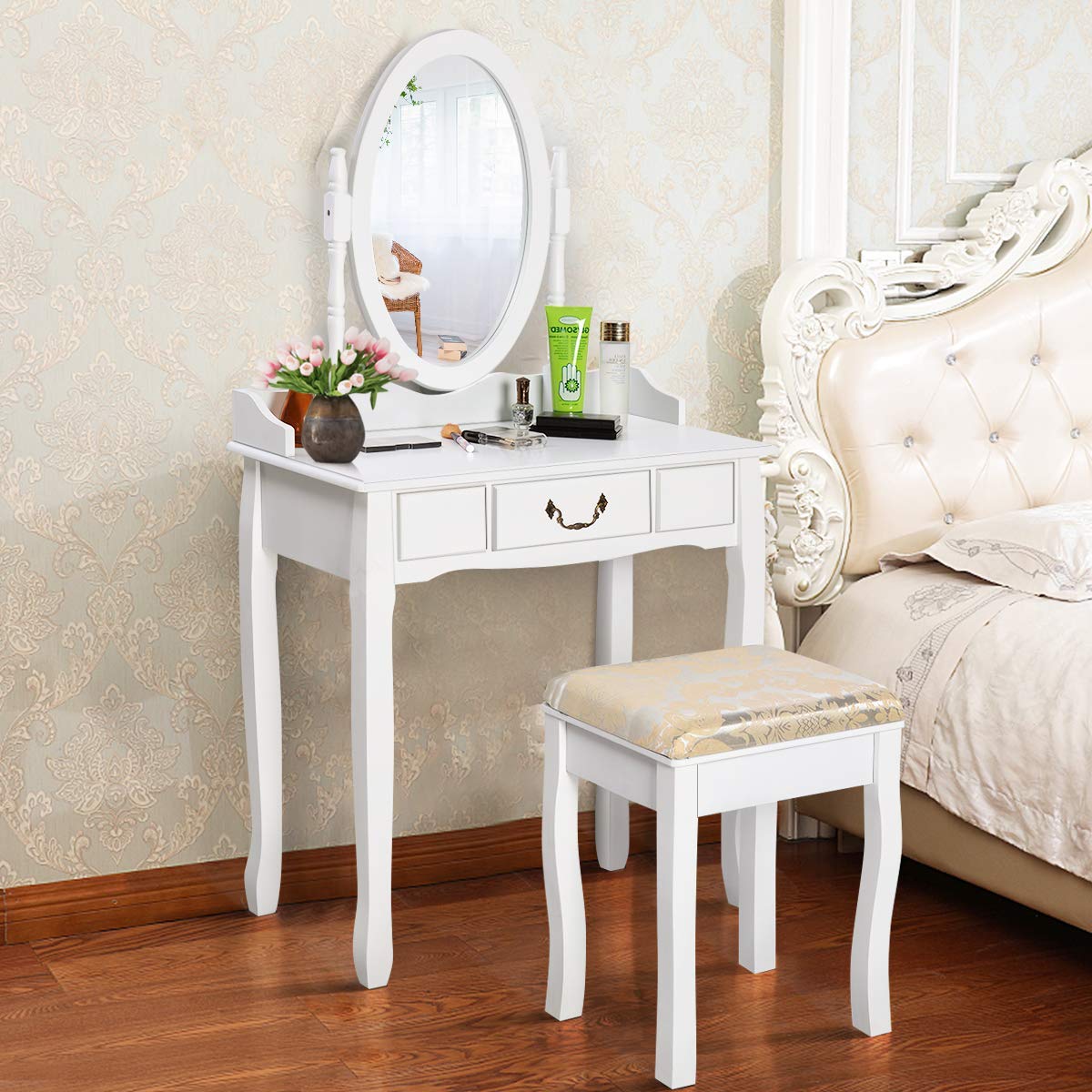 360° Rotating Makeup Vanity Table with Cushioned Stool - Solid Wood & MDF Beauty Dressing Table with Pull-Out Drawer, Bronzed Handles - Perfect for Daily Makeup, Beauty Routine & Bedroom Decor