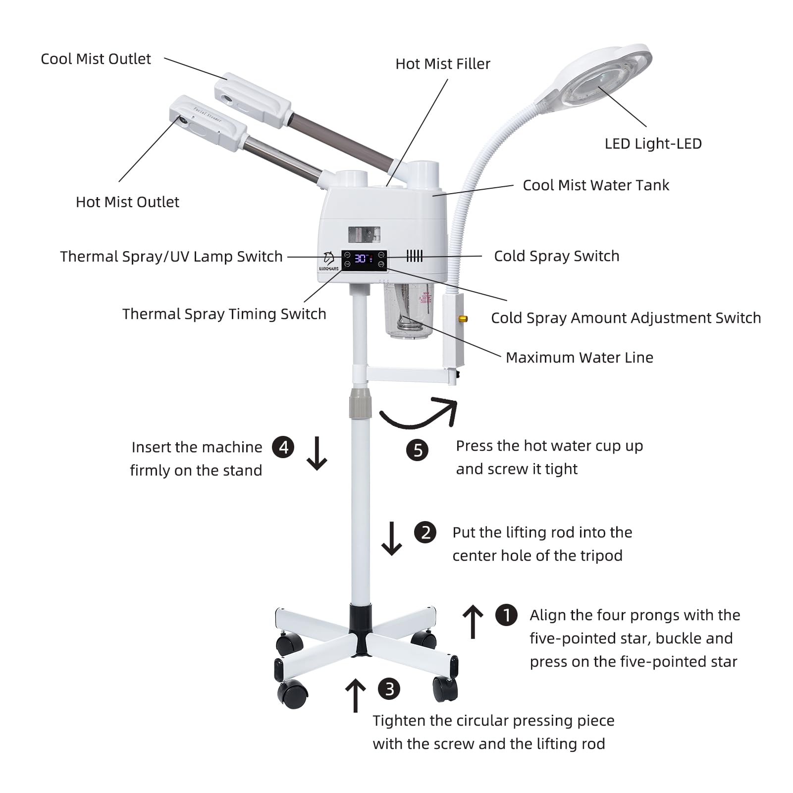 3 in 1 Professional Facial Steamer with 5X Magnifying Lamp - Hot & Cold Mist Function for Deep Cleansing, Pore Minimizing & Skin Hydration | Perfect for Spa, Salon & At-Home Skincare Routine