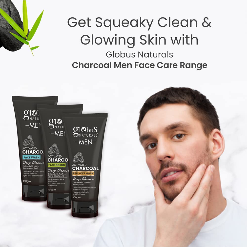 Globus Naturals Charcoal Anti-Pollution Face Care Combo for Men - 3-Piece Set with Face Wash, Scrub & Peel Off Mask | Deep Cleansing & Detoxifying Skincare Routine for Oily & Acne-Prone Skin