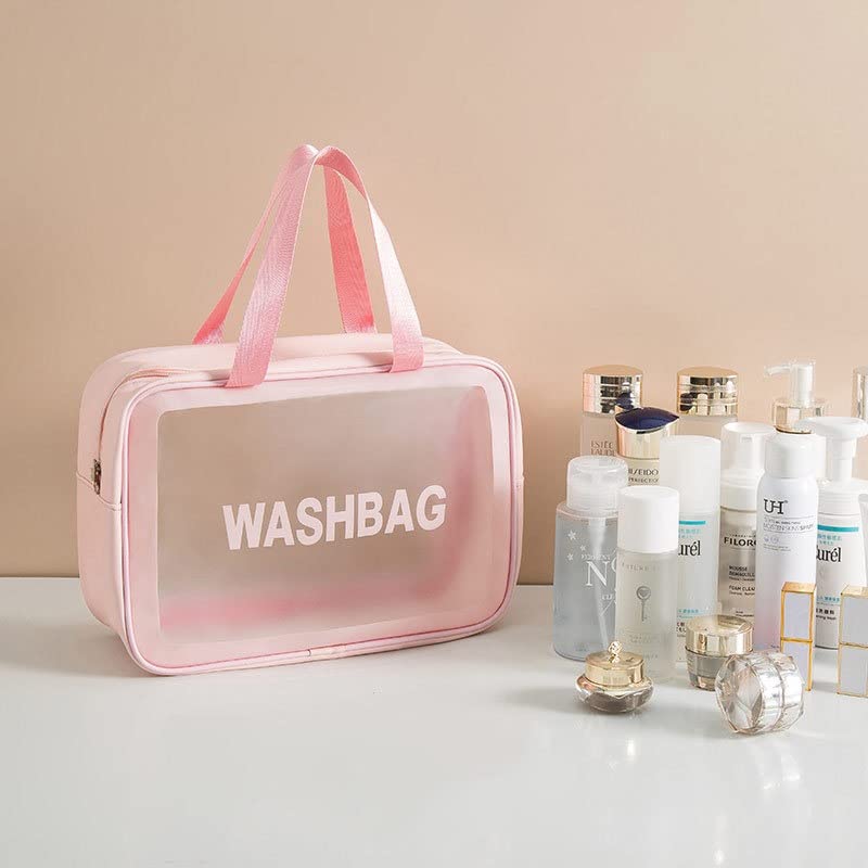 Large Clear Travel Cosmetic Bag - Makeup Pouch for Women & Girls | Pink Toiletry Organizer for Trips