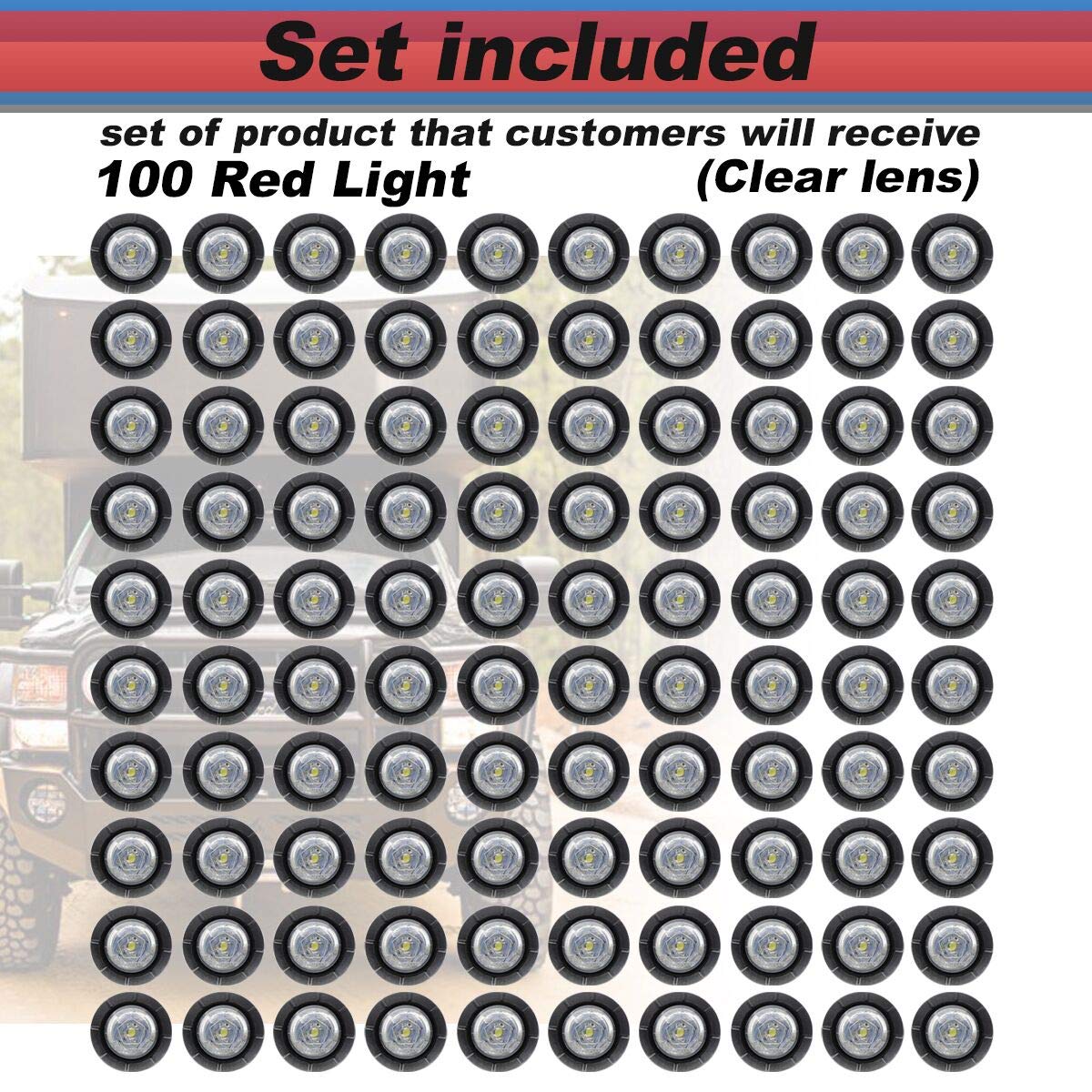 3/4 Inch Mini Round Clear Lens Red LED Clearance Indicator Lights - Sealed Side Marker Lamps for Pickup, Tow Truck, Bus, Trailer & Boat - 12V DC (Pack of 100) - Perfect for Vehicle Safety & Nighttime Visibility