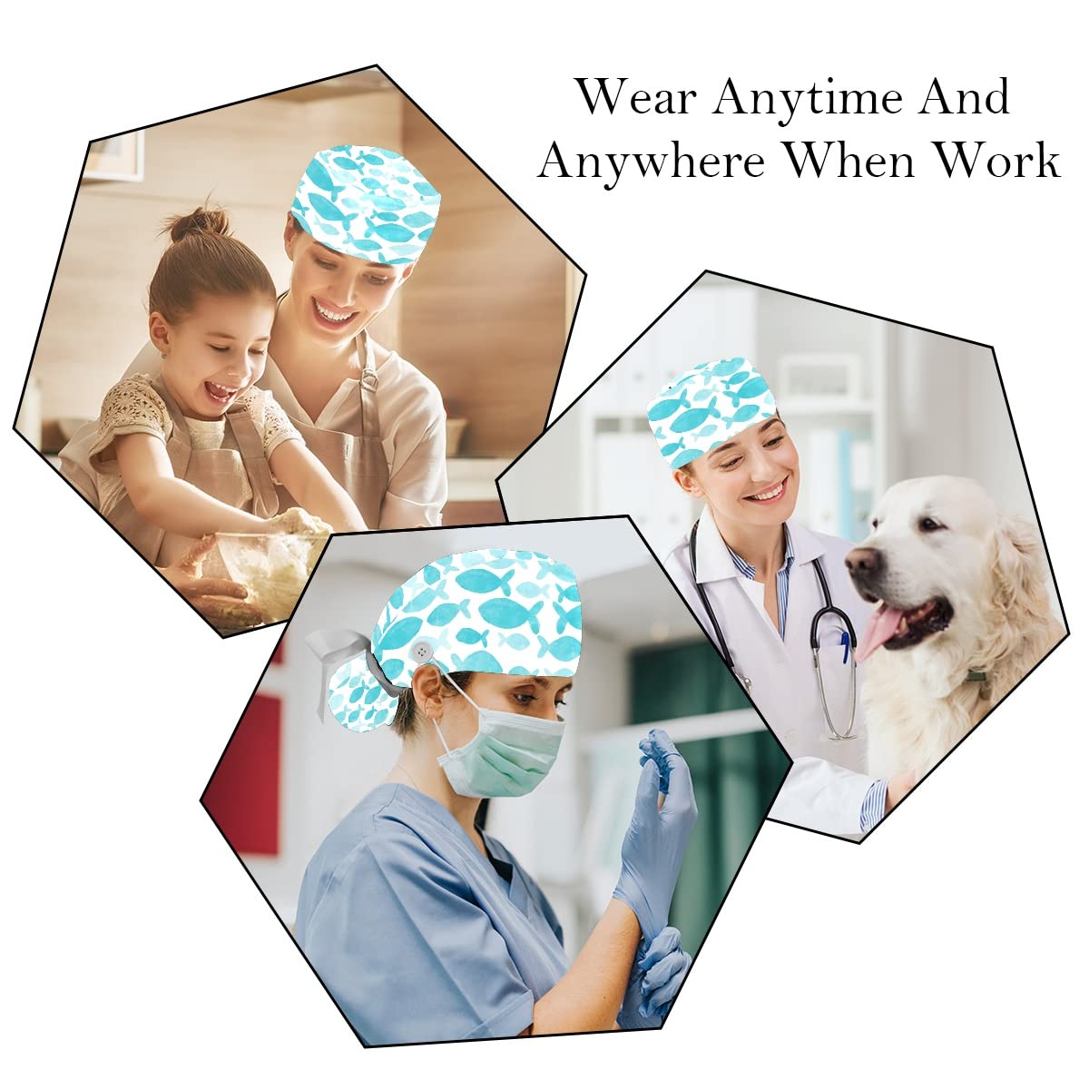 Cute Sea Mermaid Print Scrub Hats for Women & Men - 2 Pack Long Hair Surgical Caps with Button Closure & Sweatband - Unisex Tie Back Nurse Hats for Healthcare Workers, Doctors & Medical Professionals