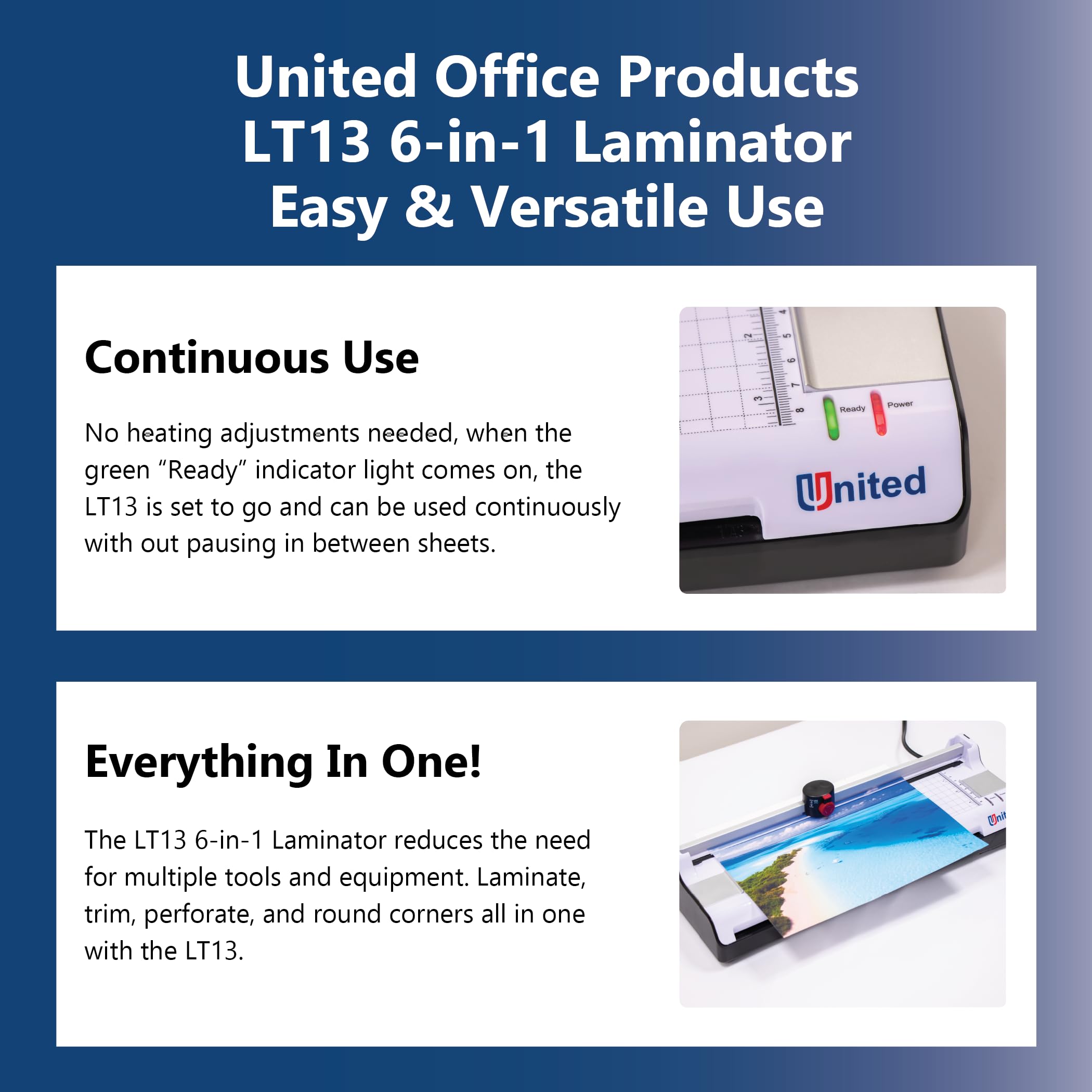 United Office Products LT13 6-in-1 Thermal & Cold Laminator Machine with Paper Trimmer & Corner Rounder - 13 Inch Wide for Home, Office, School - Perfect for DIY Projects, Photo Preservation, Classroom Materials & Document Protection