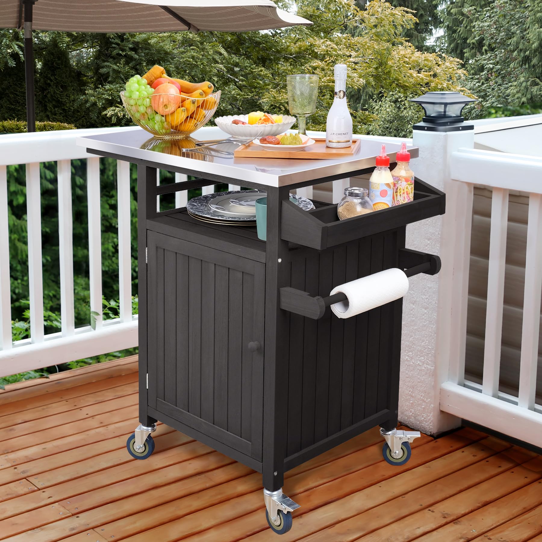 Portable Solid Wood Outdoor Grill Cart with Stainless Steel Top & Spice Rack - Movable BBQ Cooking Table with Storage for Patio, Garden, Backyard & Camping - Perfect for Grilling, Entertaining & Outdoor Dining
